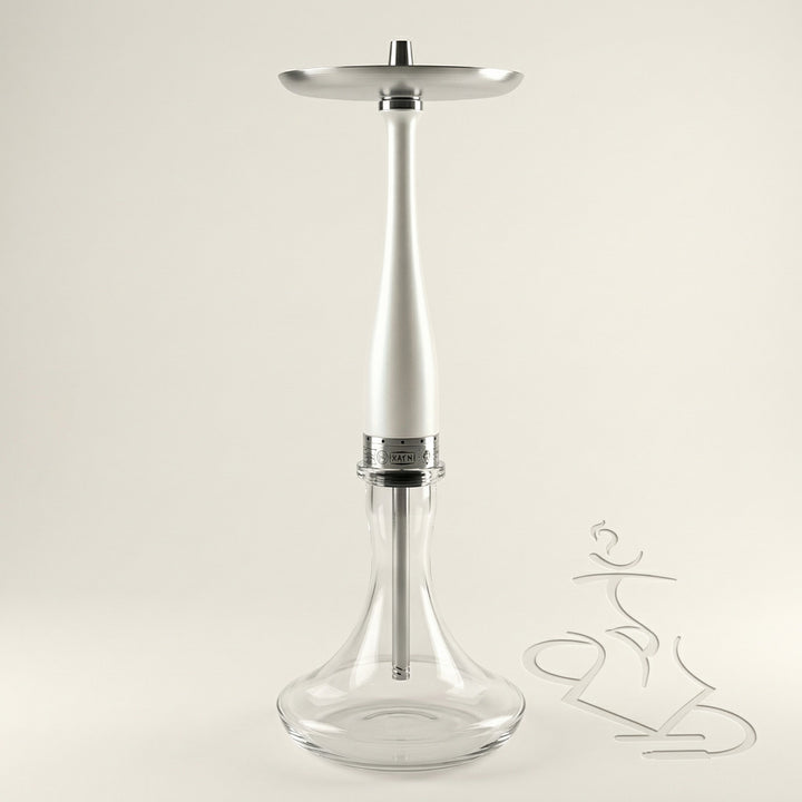 Hooligan White Baseball Bat Hookah, 70 cm pearlescent white stainless steel shisha pipe with engraved chrome purge collar and clear glass base, full assembled studio shot.