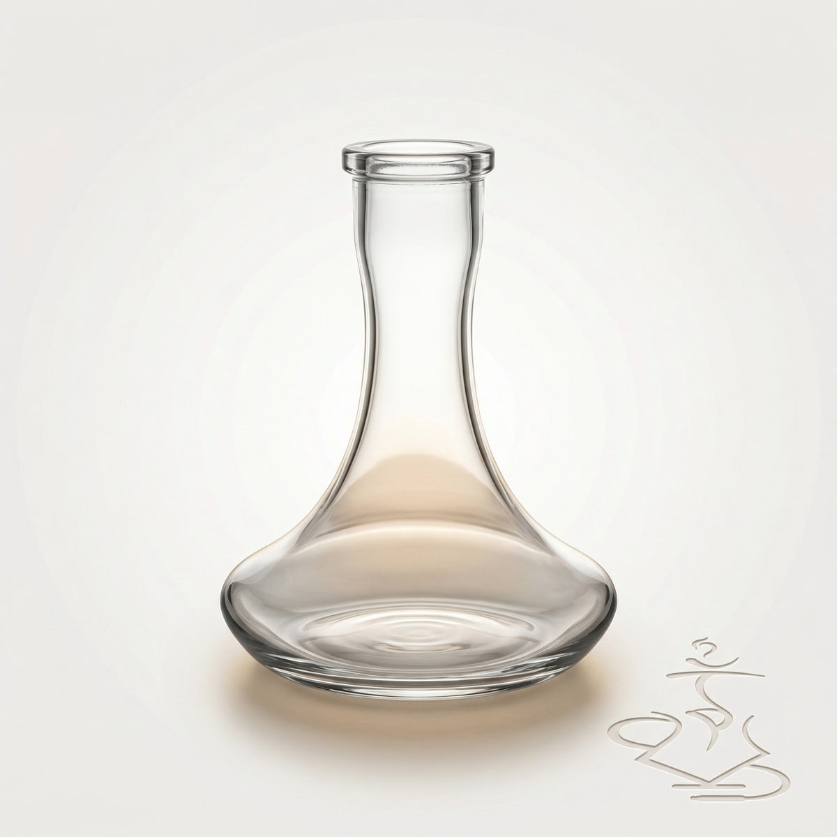 Clear glass base from the Hooligan White Baseball Bat Hookah, wide low-shouldered crystal-clear shisha base shown empty in a warm white studio., image 10 of 25