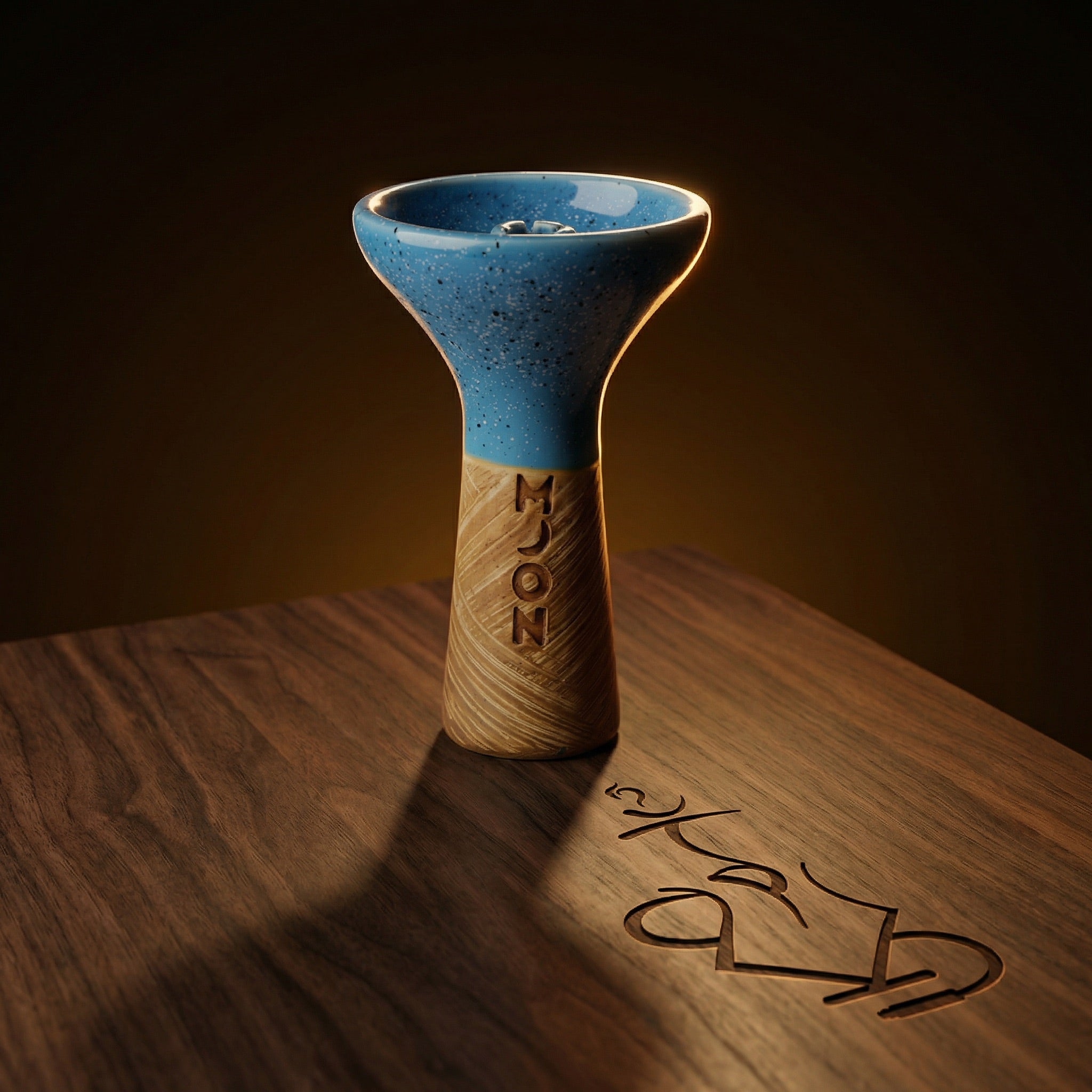 Kaloud Lotus heat management device on a dark walnut surface under warm directional lighting, the brushed aluminium lotus-cut lid lifted to reveal the chamber against a near-black backdrop.