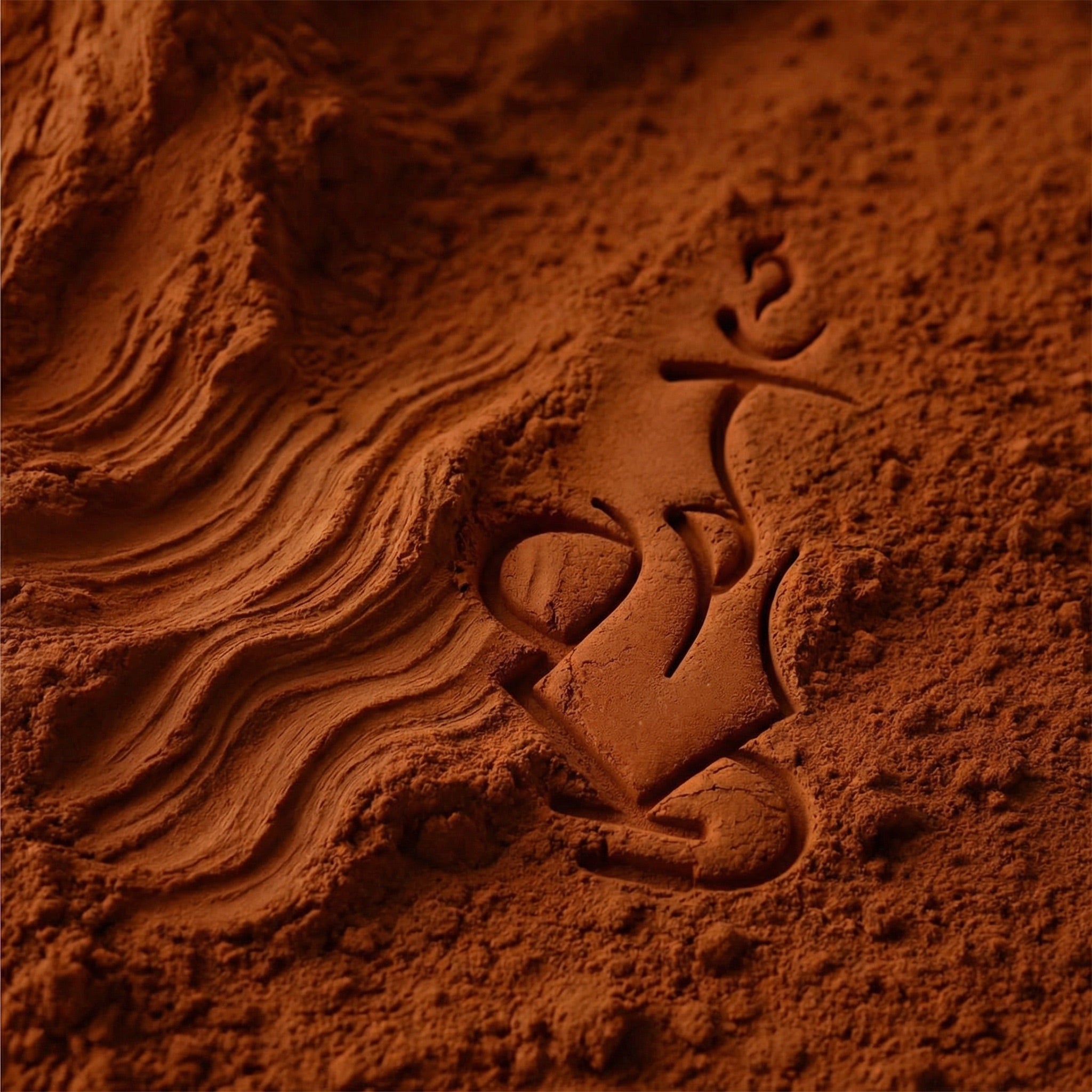 Raw red clay powder surface with natural wave texture and The Premium Way logo pressed into the material showing the origin of the Kore Qì bowl