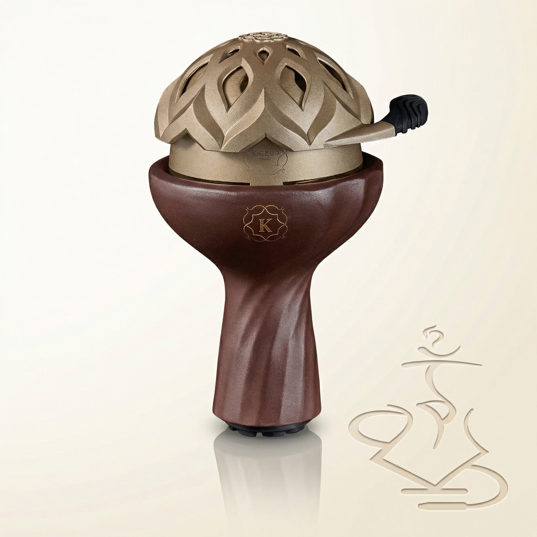 Kaloud Samsaris Kore Qì red clay shisha bowl with Kaloud Lotus I+3 gold heat management device seated flush on top in studio setting