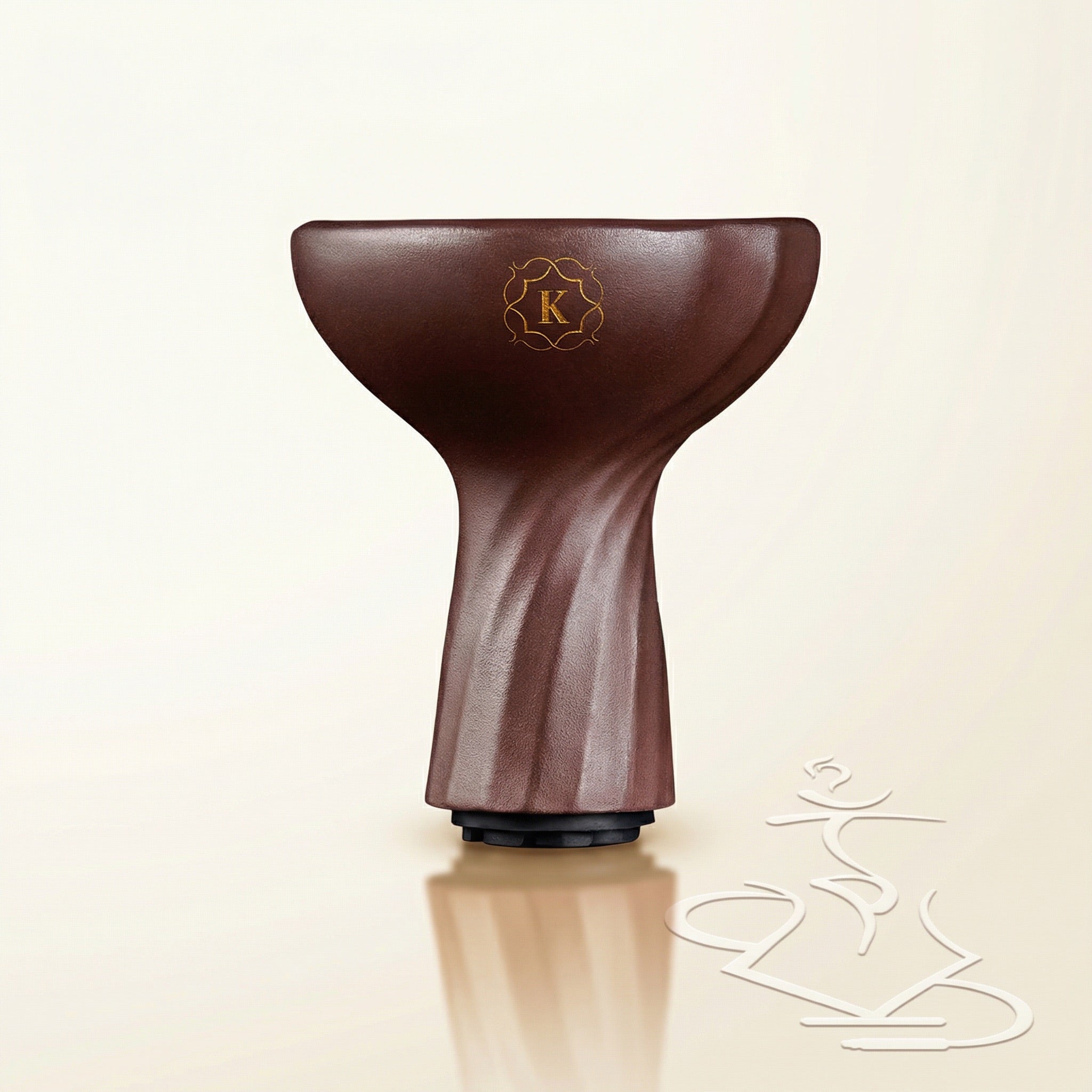 Kaloud Samsaris Kore Qì red clay tall shisha bowl front portrait showing spiral twist ribbed stem gold K crest and integrated silicone grommet