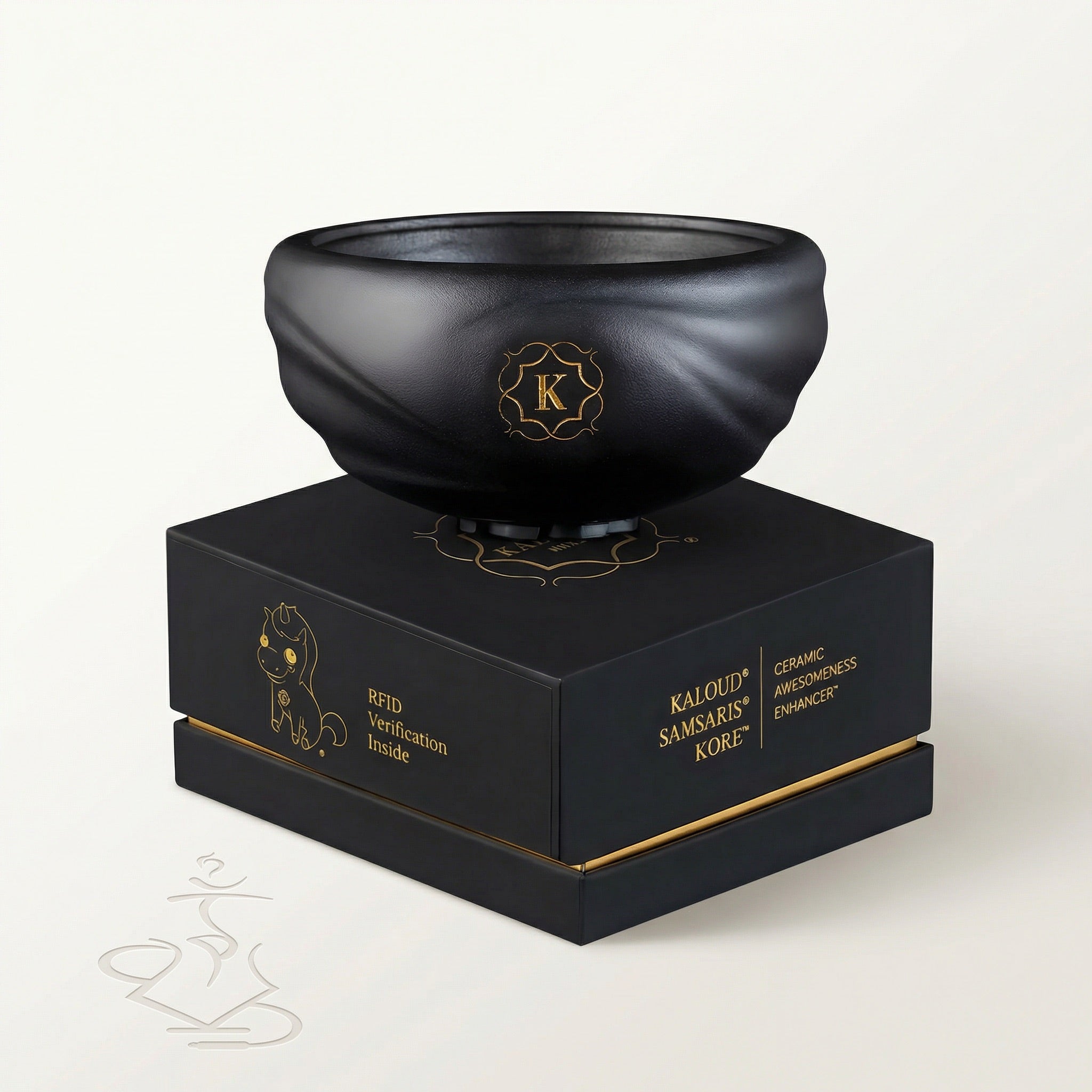 Kaloud Samsaris Kore Qì Short black clay shisha bowl resting on premium black-and-gold Kaloud presentation box on a warm white studio background