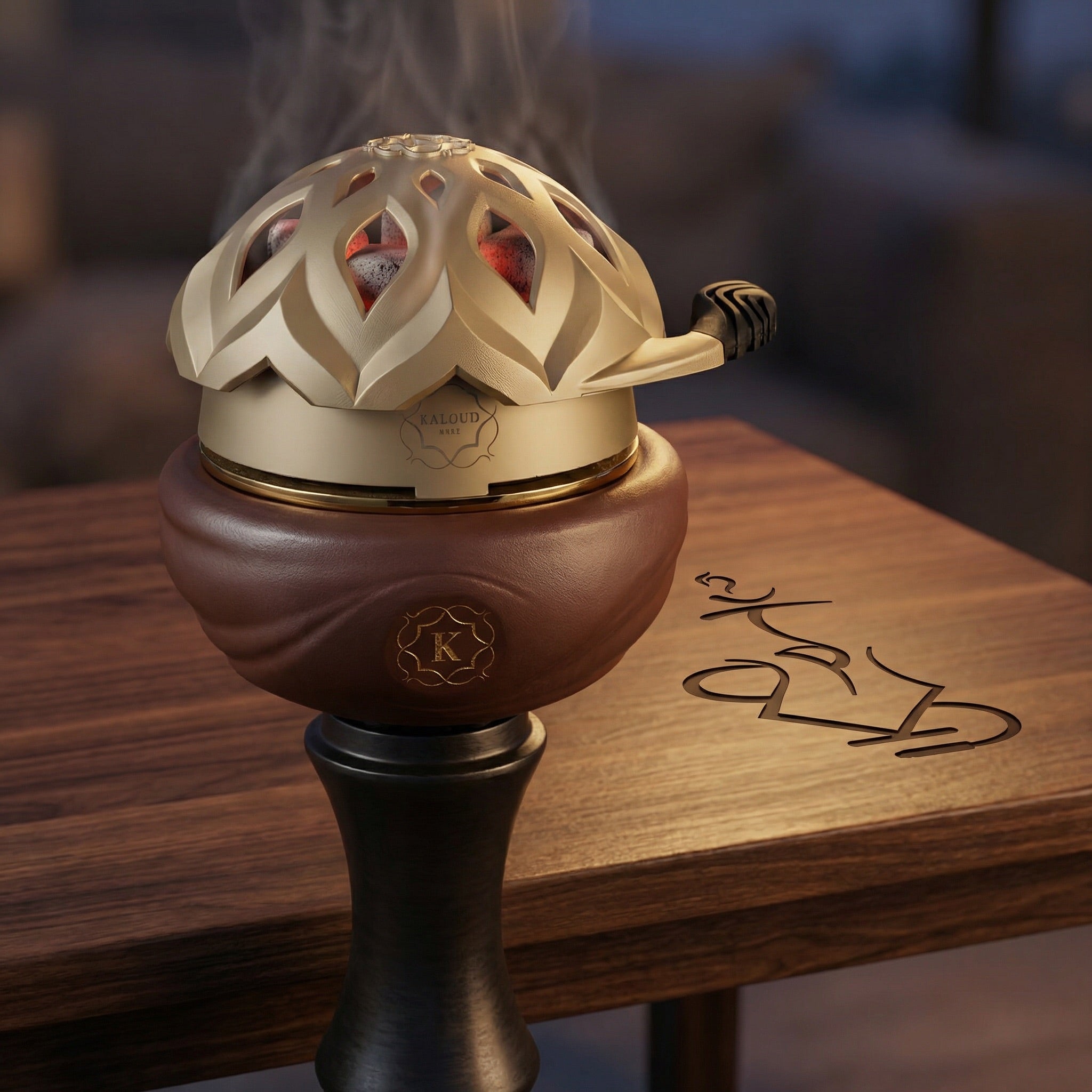 Kaloud Samsaris Kore Qì Short red clay bowl with Lotus I+3 heat management device glowing with charcoal during a warm hookah session