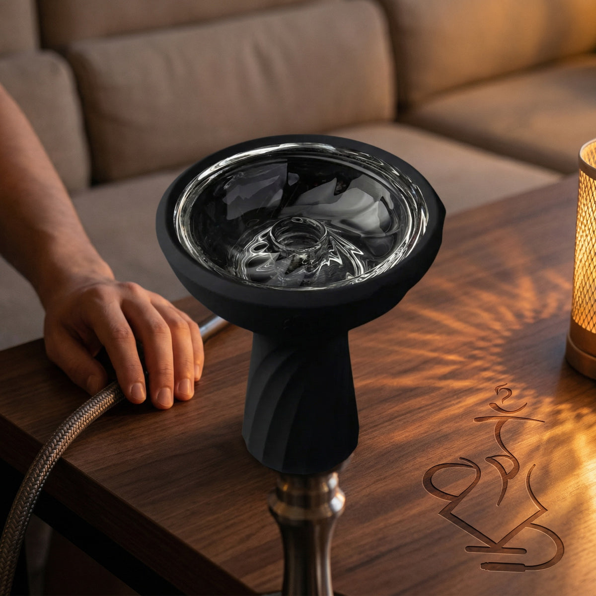 Kaloud Samsaris Vitria III glass hybrid shisha bowl mounted on a hookah with clear glass interior refracting warm ambient light, image 4 of 12