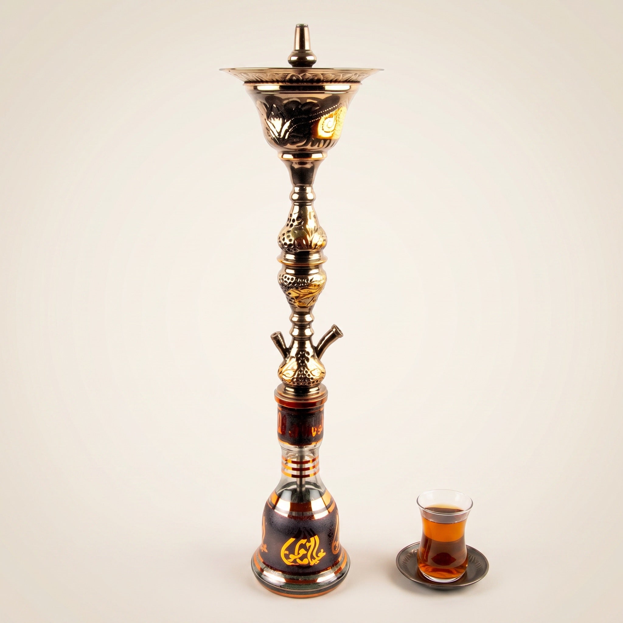 Khalil Mamoon 1566 Oxide Mismatch 84cm shisha pipe beside an Arabic tea glass for scale reference