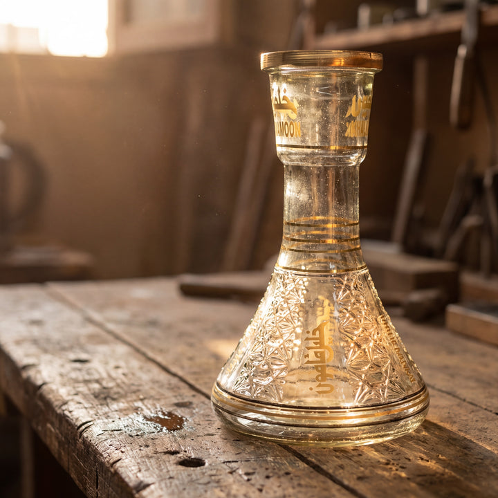 Khalil Mamoon 30 cm engraved glass base on a Cairo workshop bench with warm afternoon light, The Premium Way
