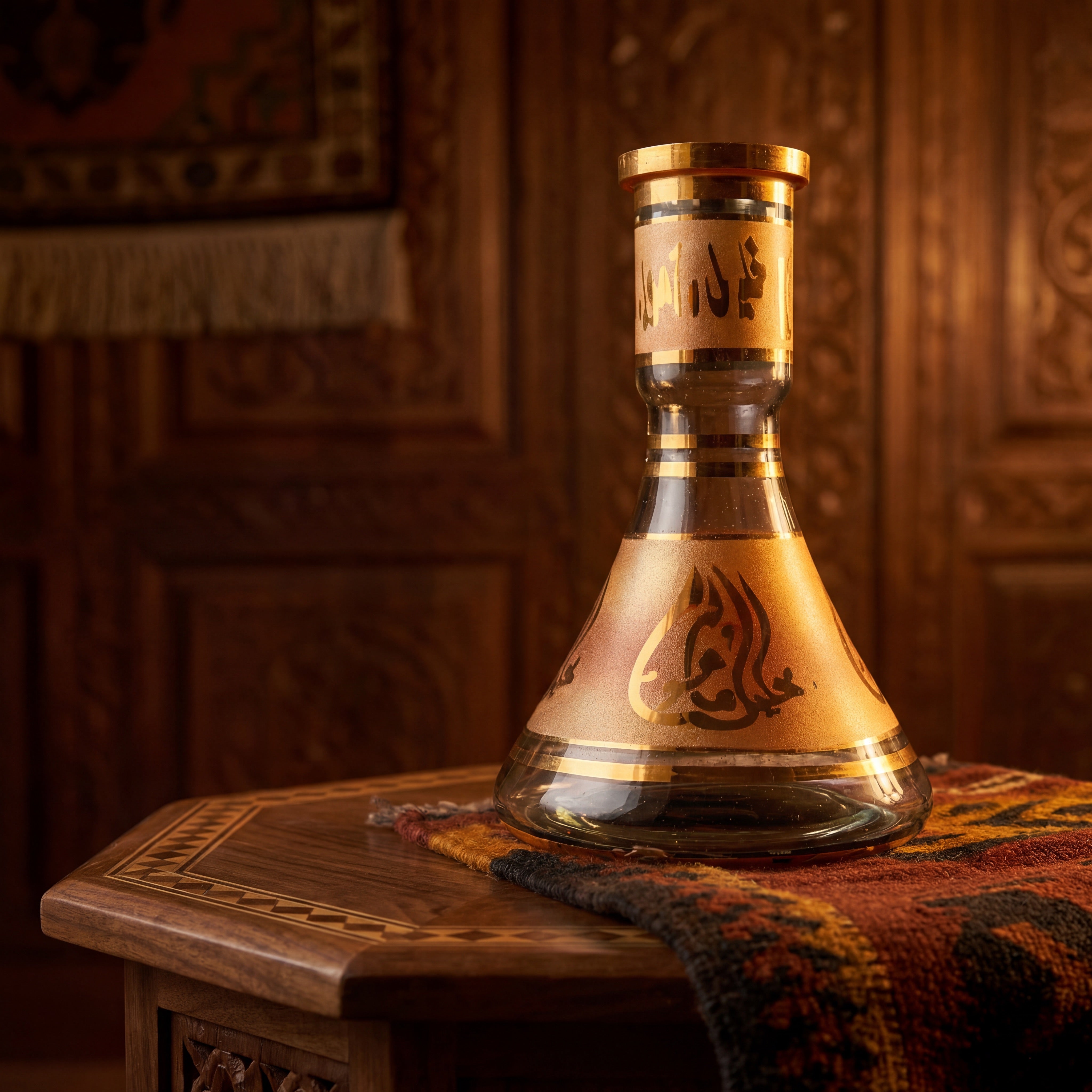 Khalil Mamoon Amber Gold 30cm base on carved wood table with kilim, warm lantern light, Egyptian craft.