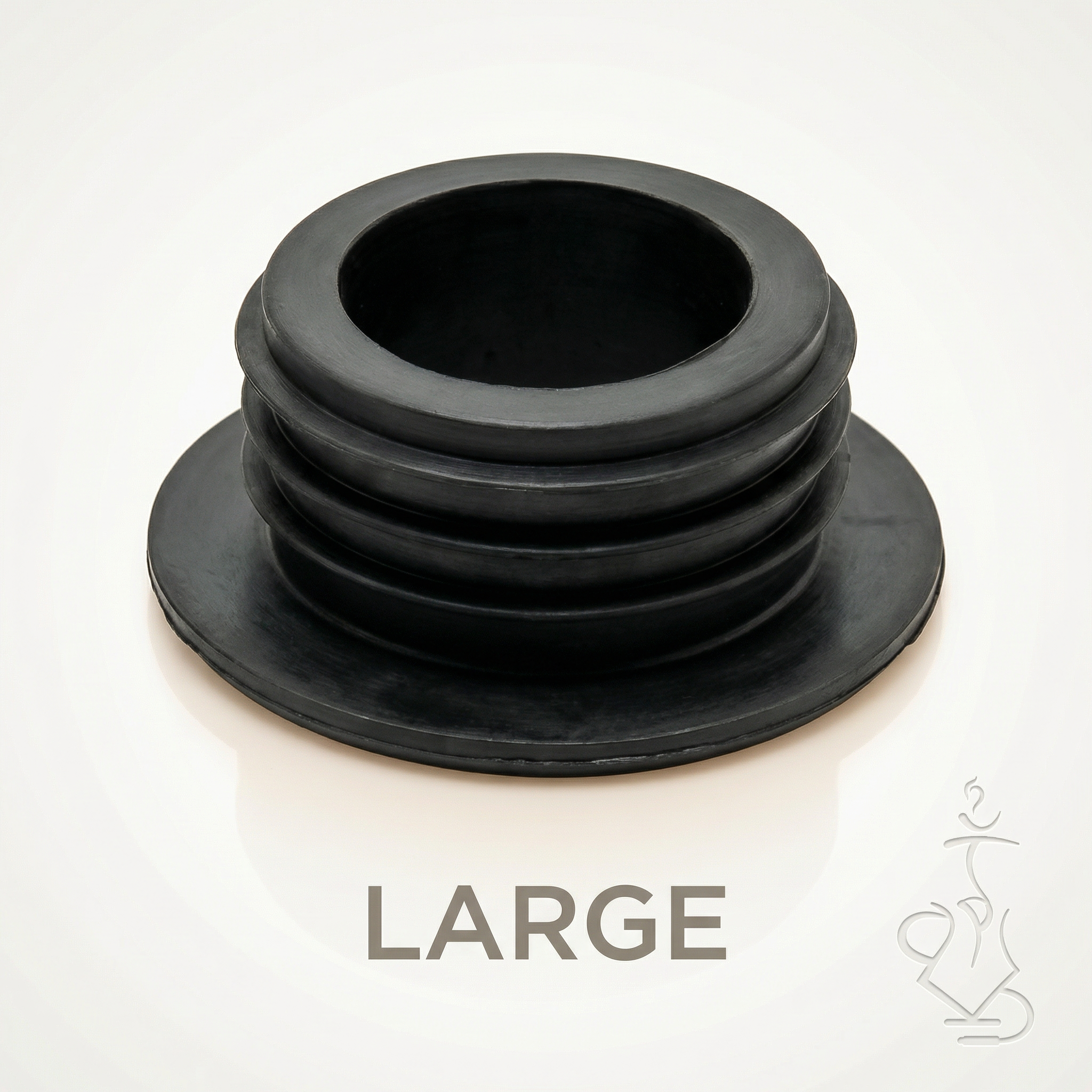 Khalil Mamoon large black rubber base grommet close-up showing stepped ridges and cup-shaped opening, fits standard full-size KM hookah pipes