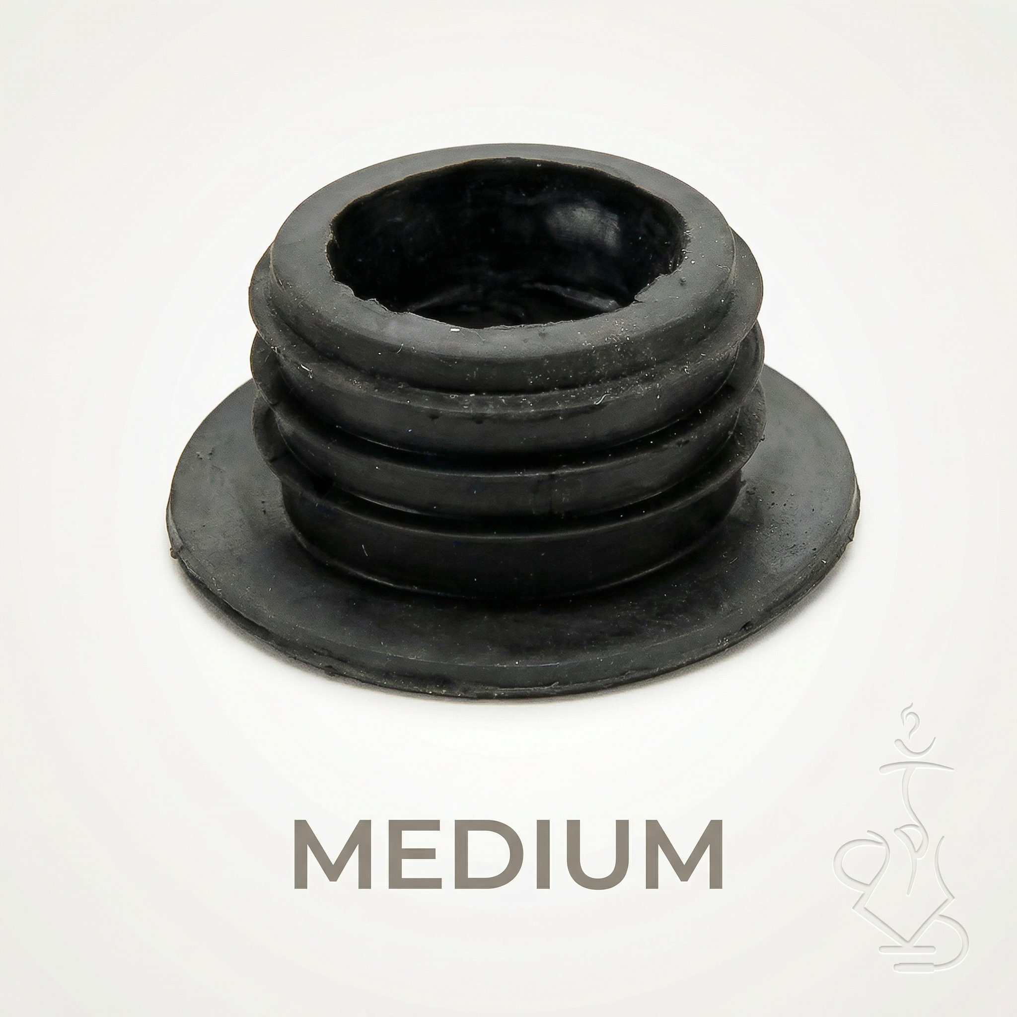 Khalil Mamoon medium black rubber base grommet close-up showing stepped ridges and cup-shaped opening, fits mid-size KM hookah pipes