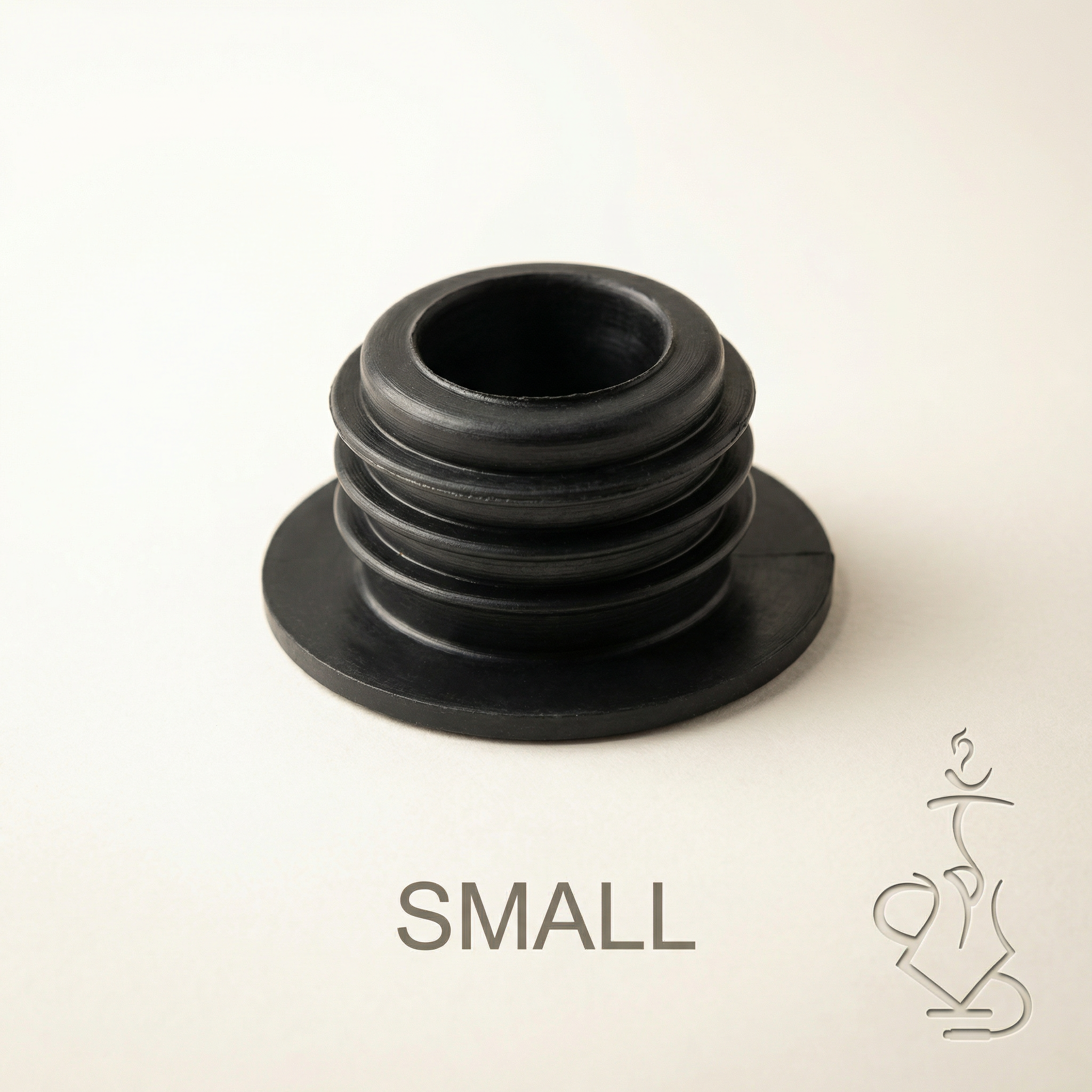 Khalil Mamoon small black rubber base grommet close-up showing stepped ridges and cup-shaped opening, fits KM Mini Beast and compact models