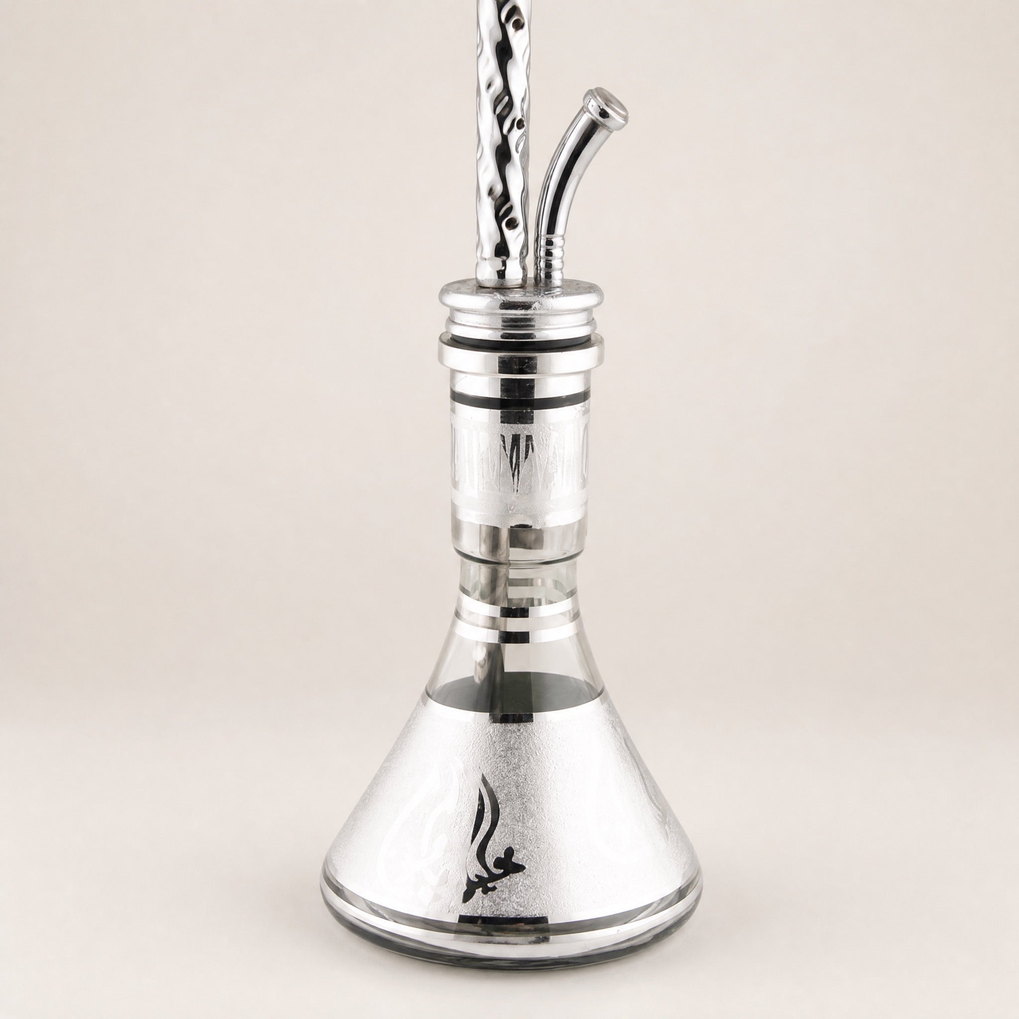 Khalil Mamoon Borg 4351 macro detail showing the silvered glass base with Arabic calligraphy and polished hose port collar