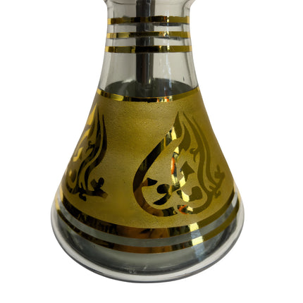 Close-up of the Khalil Mamoon Deluxe Gold Hookah base, displaying the detailed gold patterns and glass craftsmanship.