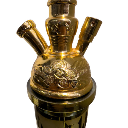 Close-up of the Khalil Mamoon Deluxe Gold Hookah hose connection, highlighting the high-quality gold finish and connection points.