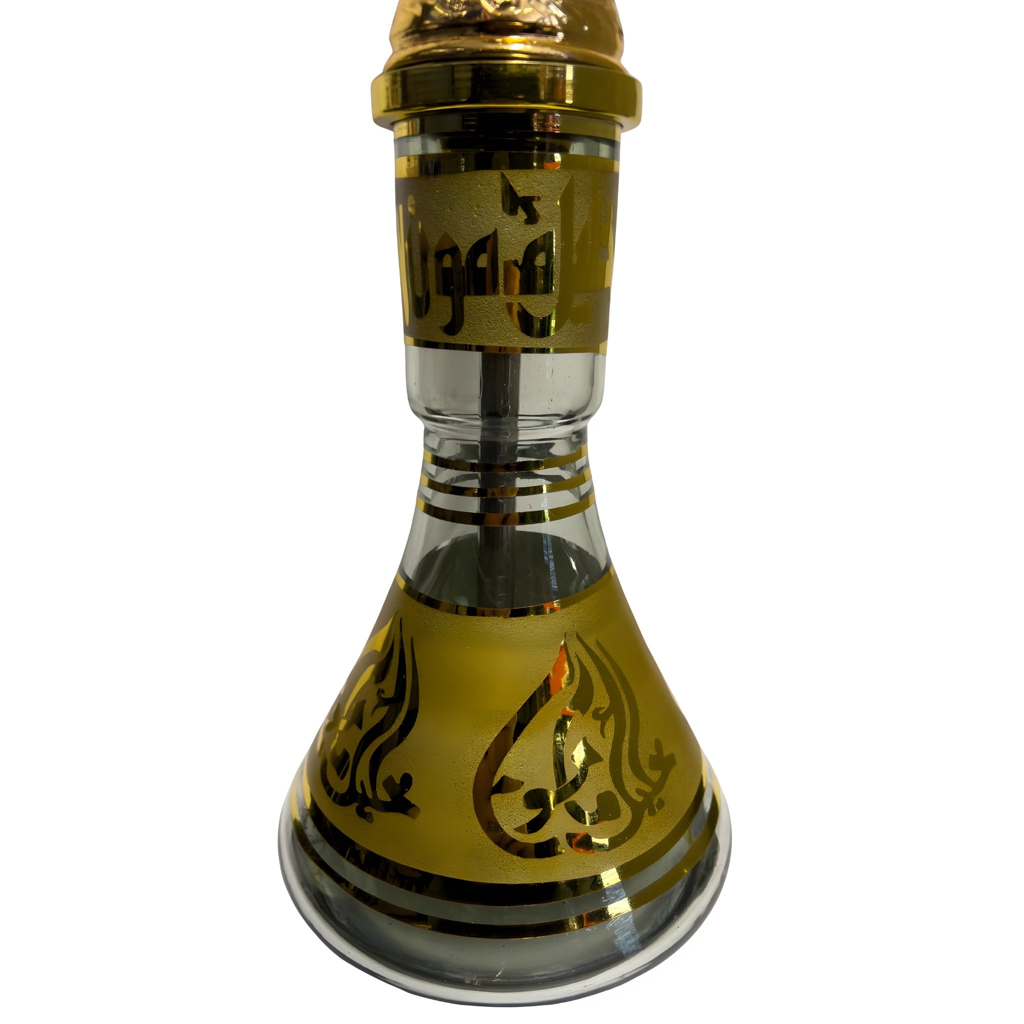 Detailed view of the lower base of the Khalil Mamoon Deluxe Gold Hookah, showing the intricate gold design on the glass.