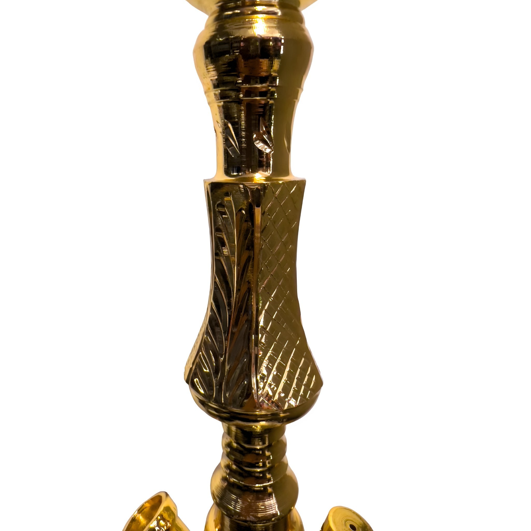 Close-up of the Khalil Mamoon Deluxe Gold Hookah neck, focusing on the ornate gold detailing and craftsmanship.