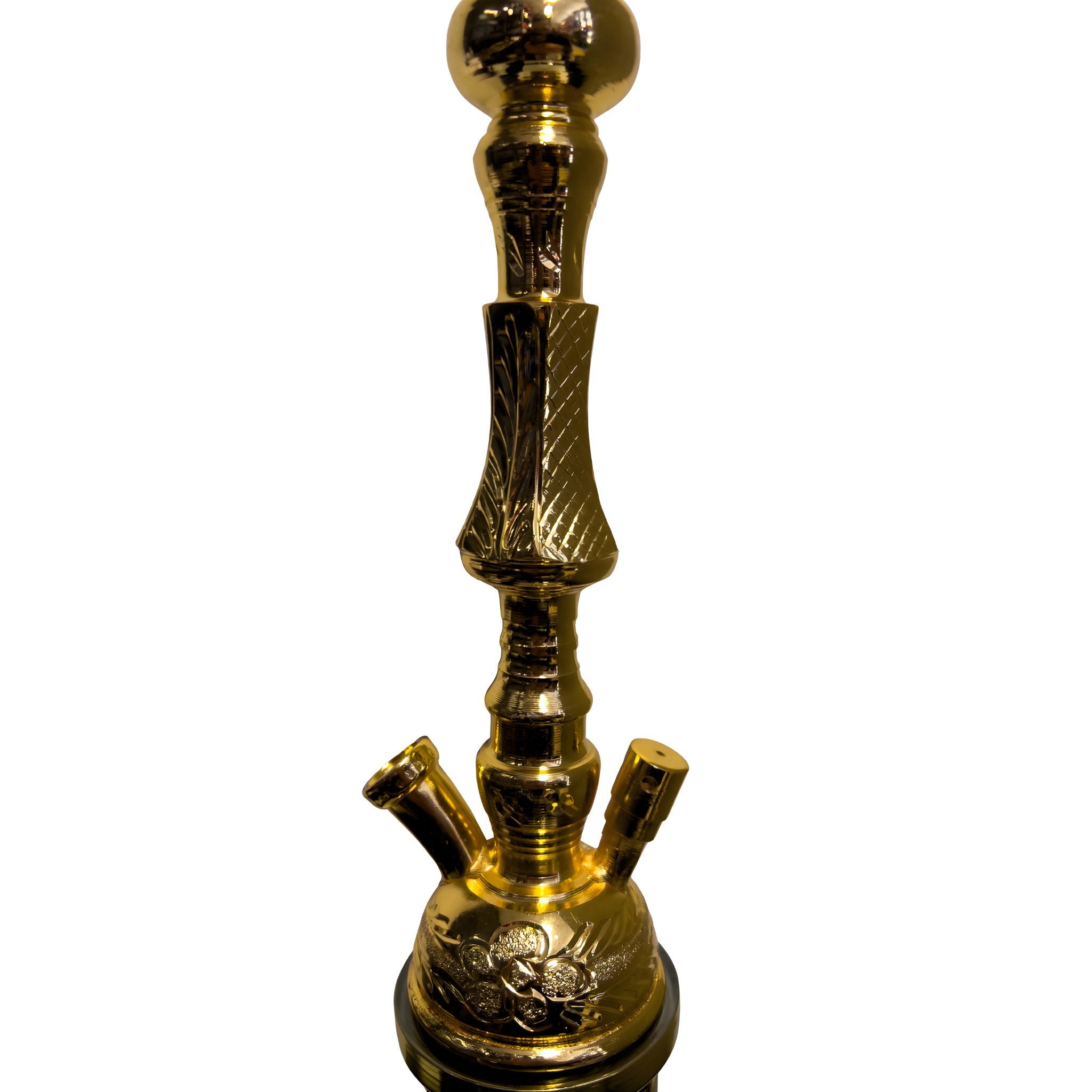 Close-up of the Khalil Mamoon Deluxe Gold Hookah stem, highlighting the detailed gold engravings and smooth finish.