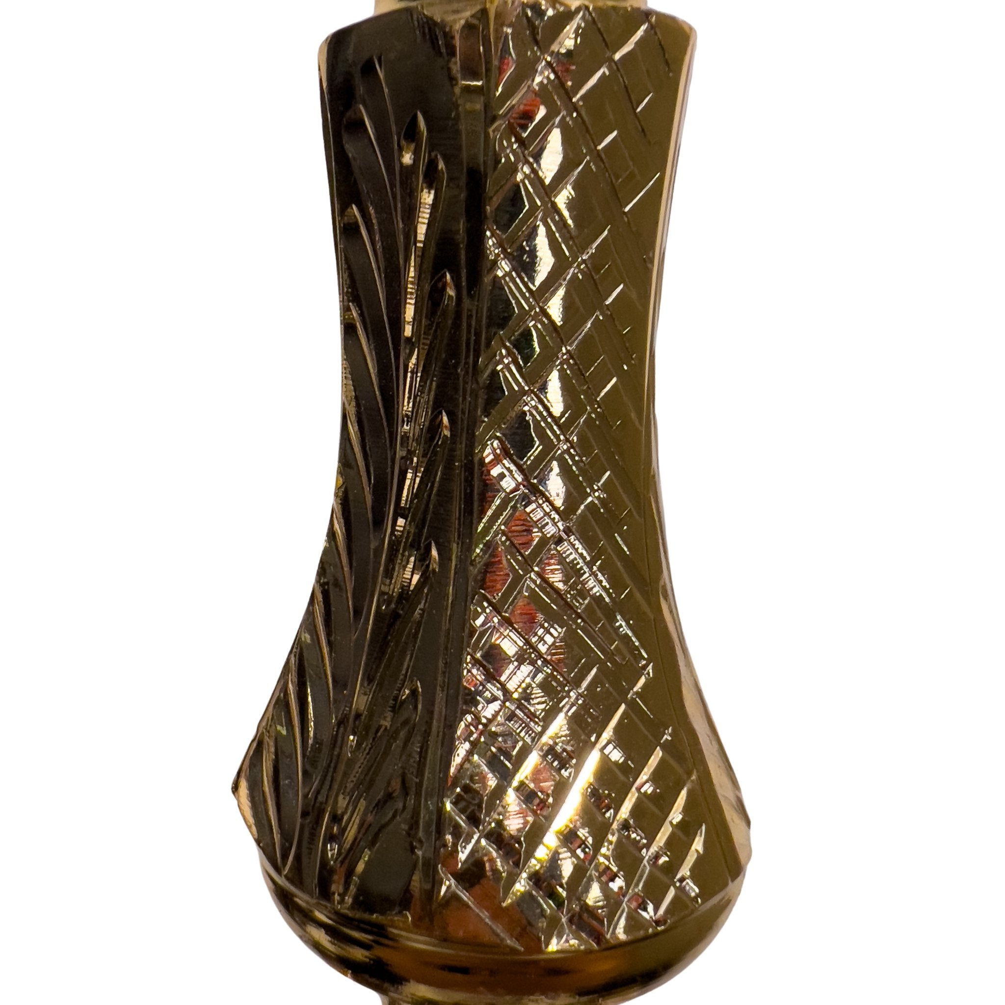 Close-up of the stem embellishments on the Khalil Mamoon Deluxe Gold Hookah, highlighting the detailed gold engravings.