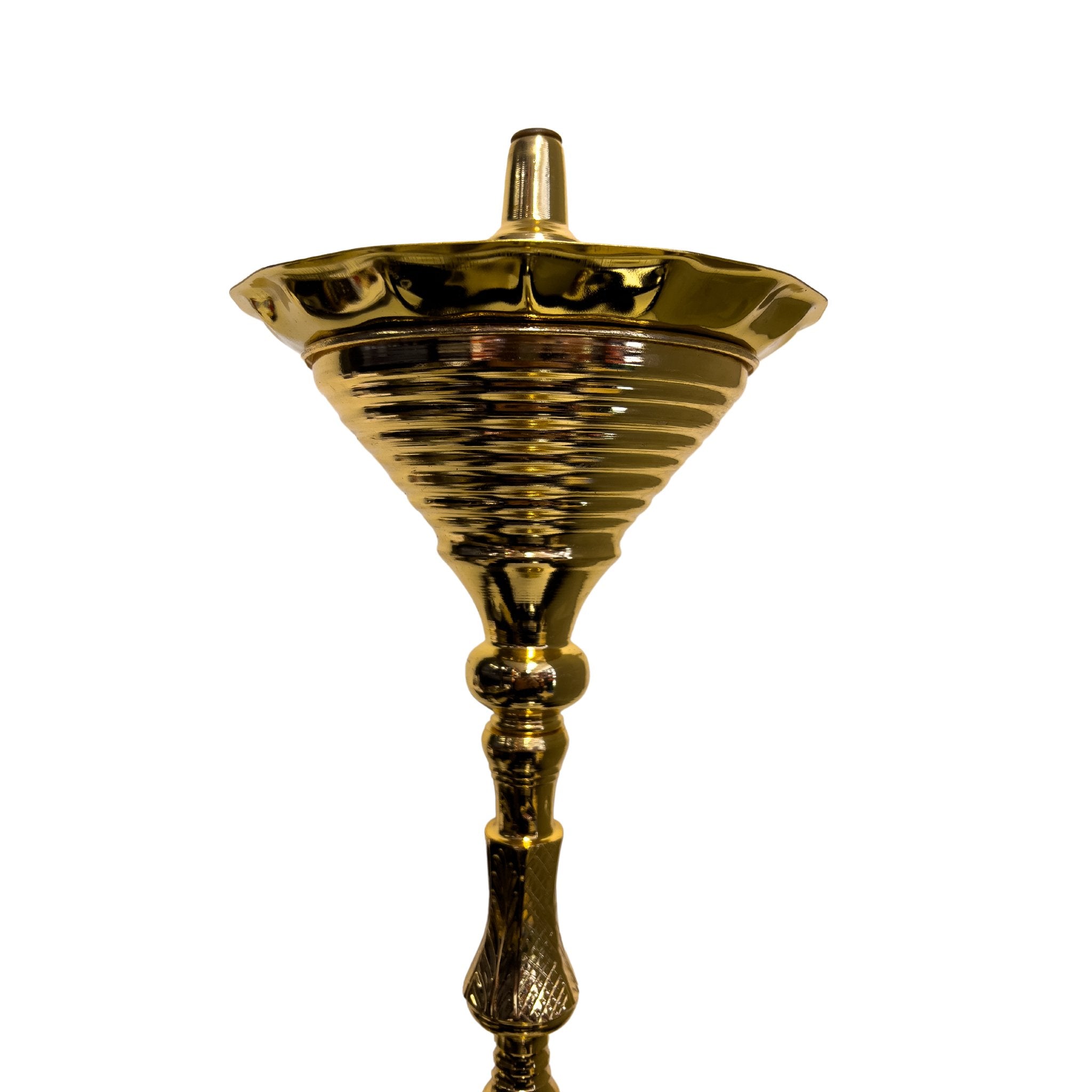 Close-up of the engraved details on the stem of the Khalil Mamoon Deluxe Gold Hookah, showing the fine craftsmanship.