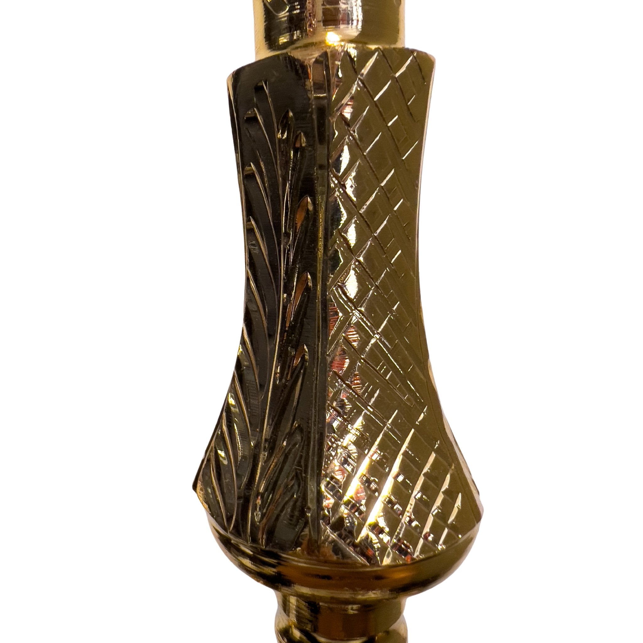 Detailed view of the Khalil Mamoon Deluxe Gold Hookah stem pattern, focusing on the ornate gold design and texture.