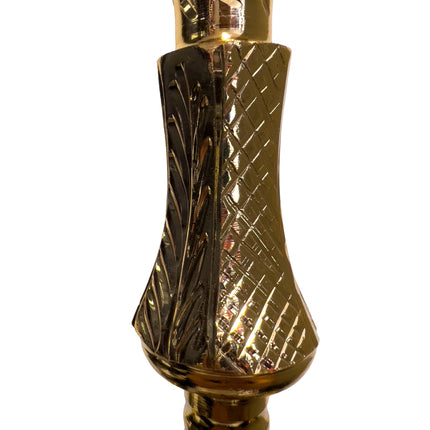 Close-up of the intricate engraving on the Khalil Mamoon Deluxe Gold Hookah stem, showcasing the craftsmanship and design.
