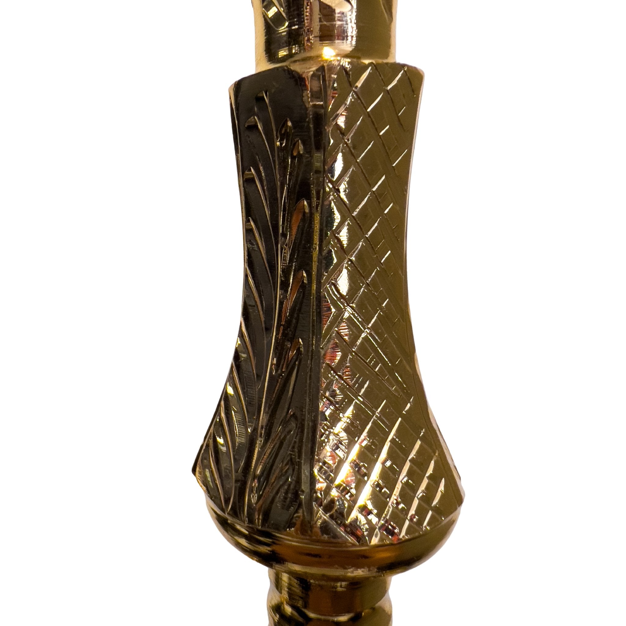 Close-up of the intricate engraving on the Khalil Mamoon Deluxe Gold Hookah stem, showcasing the craftsmanship and design.