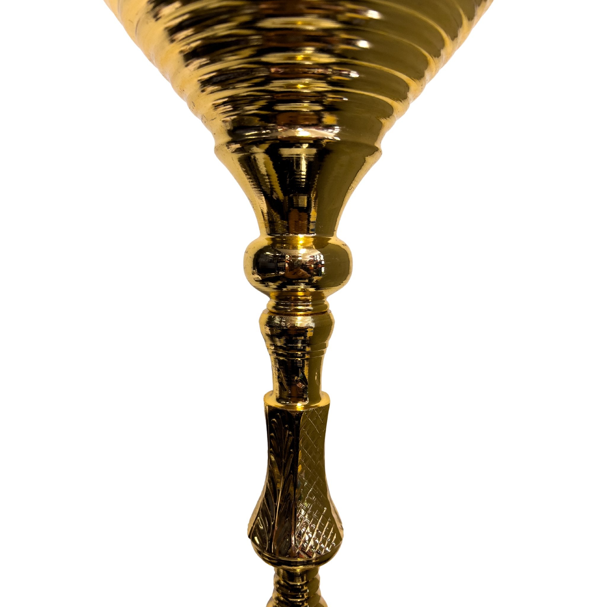 View of the tray and upper neck of the Khalil Mamoon Deluxe Gold Hookah, highlighting the smooth, reflective gold surface.