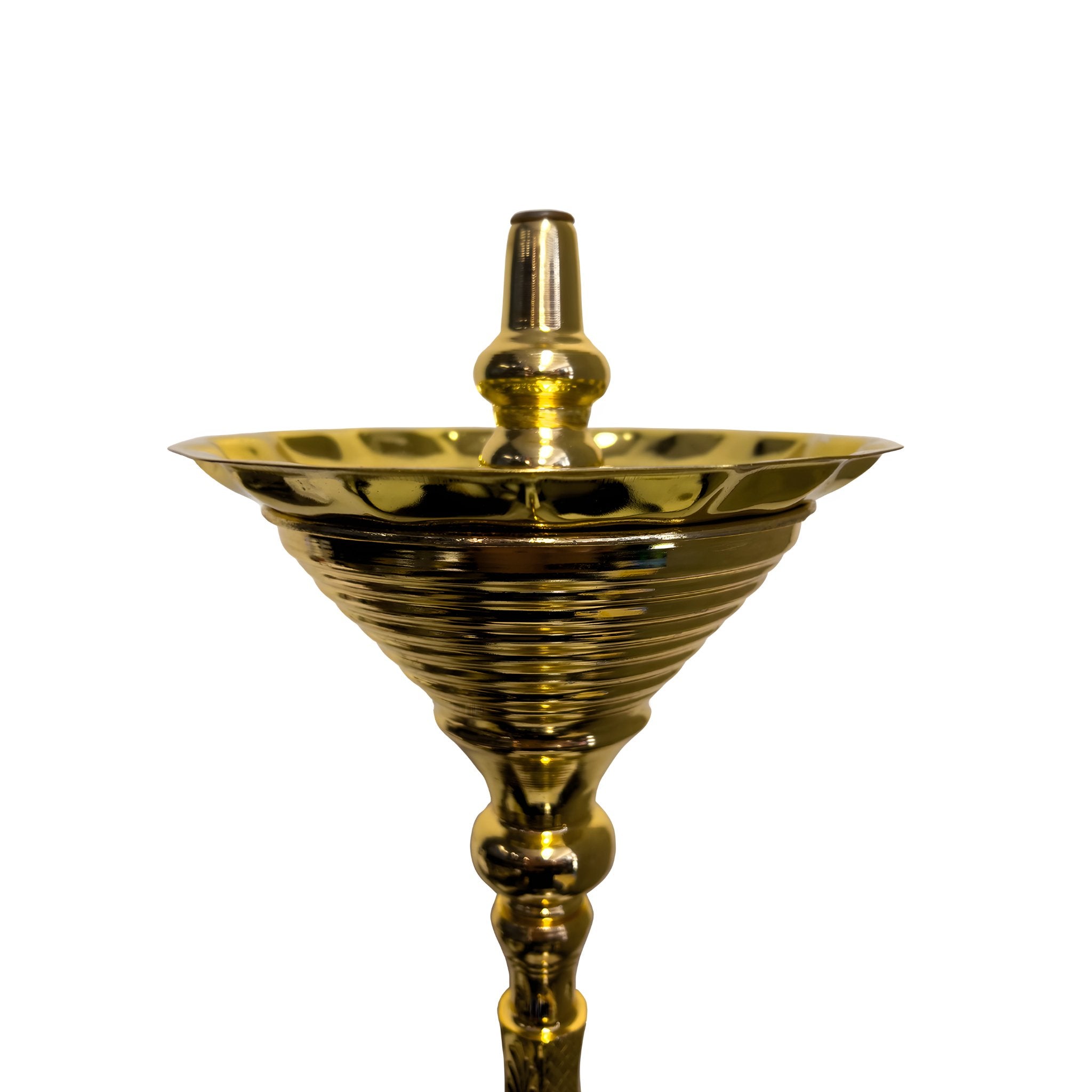 Close-up view of the gold tray of the Khalil Mamoon Deluxe Gold Hookah, showcasing the intricate design and polished finish.