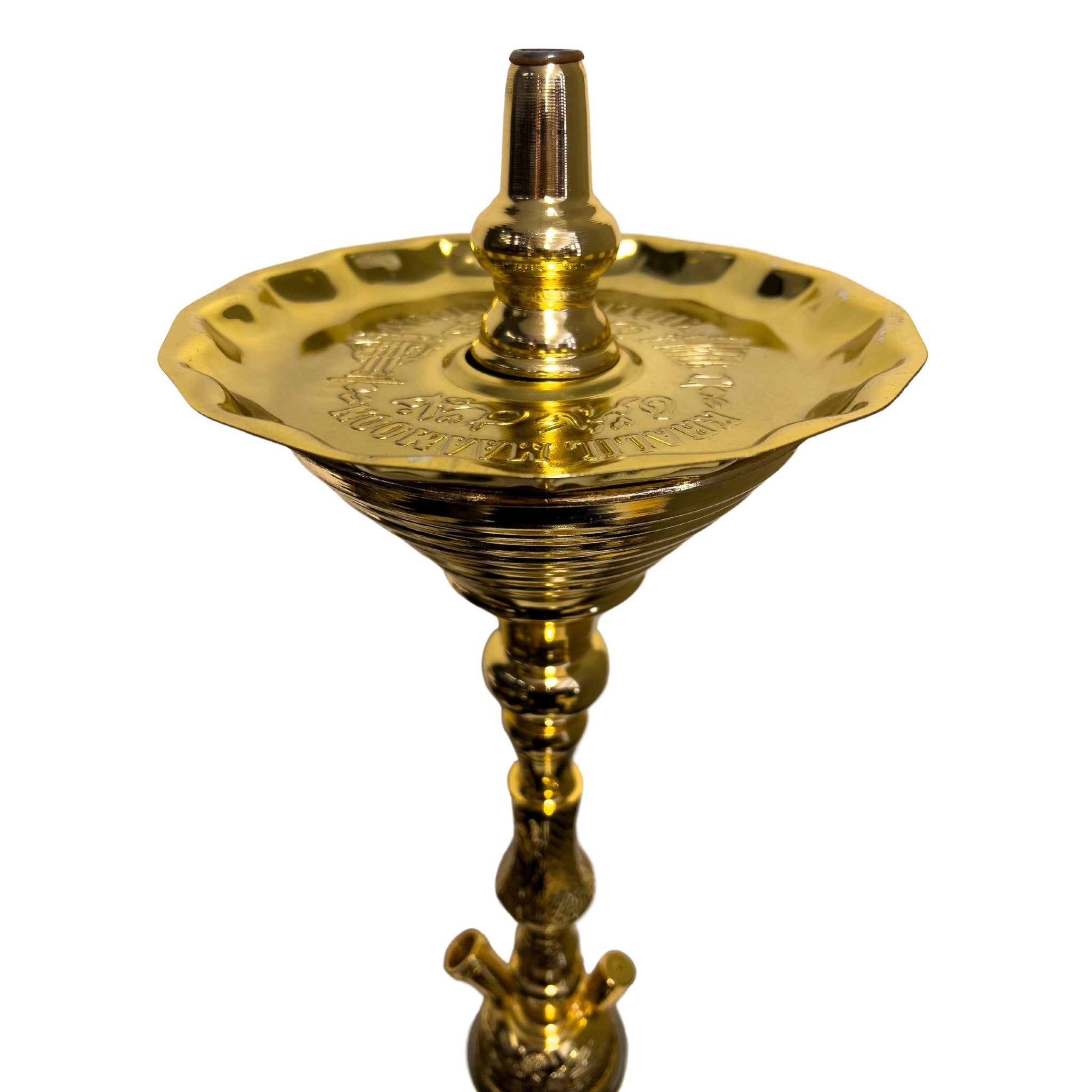 Angled close-up view of the Khalil Mamoon Deluxe Gold Hookah tray, showcasing its intricate gold detailing.