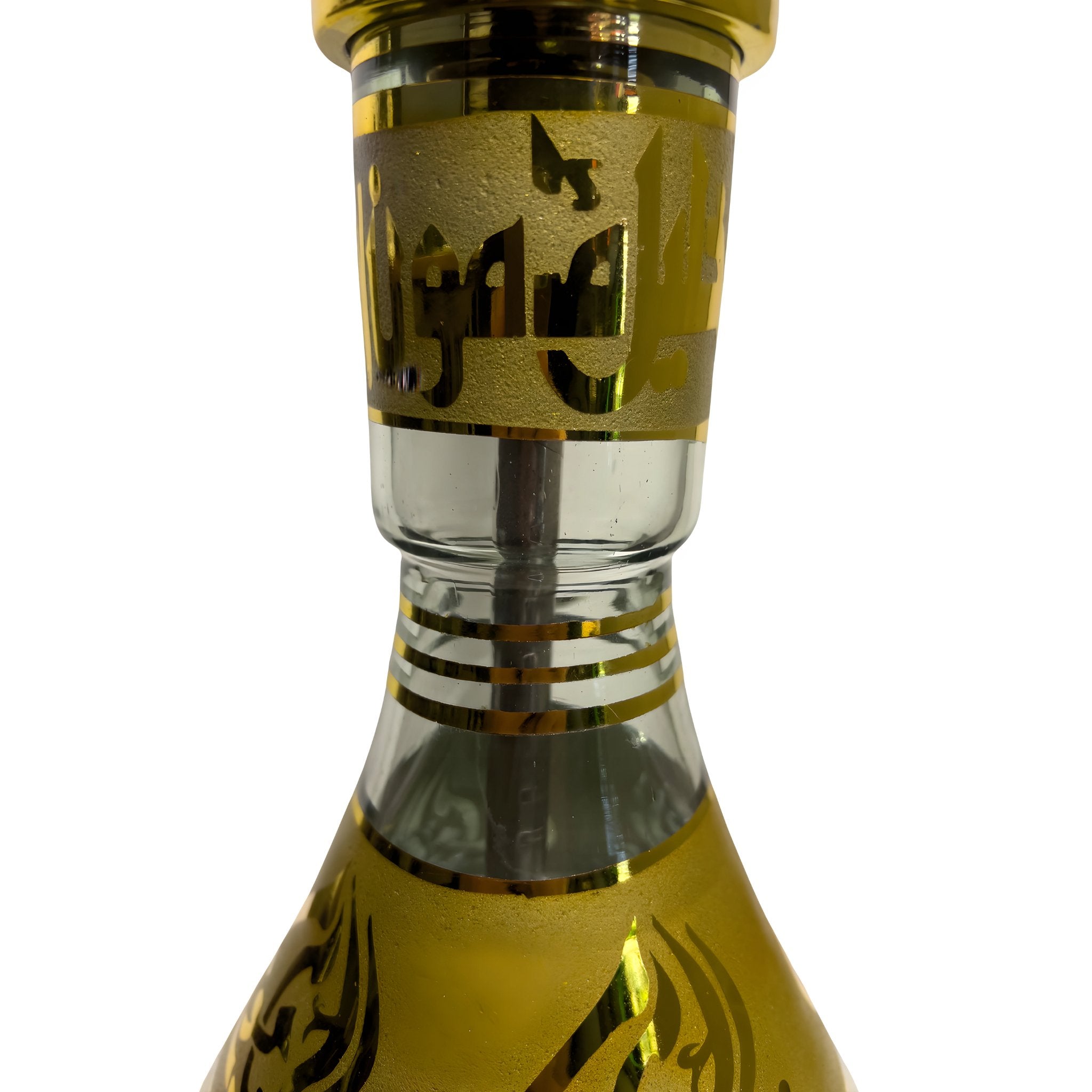 Upper base detail of the Khalil Mamoon Deluxe Gold Hookah, showing the elegant gold engraving on the glass.