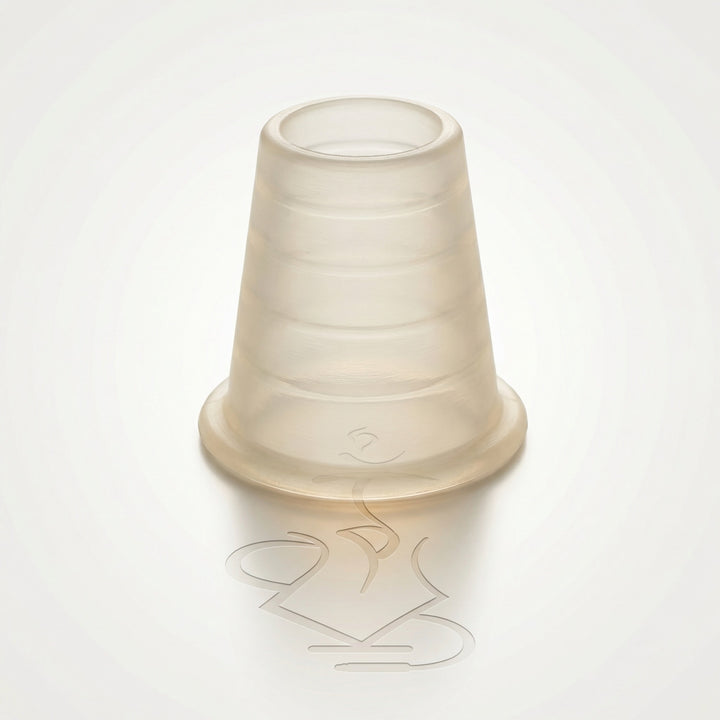 Khalil Mamoon clear silicone head grommet for hookah, bell-shaped with ridged body and flanged base, photographed on a warm white studio background