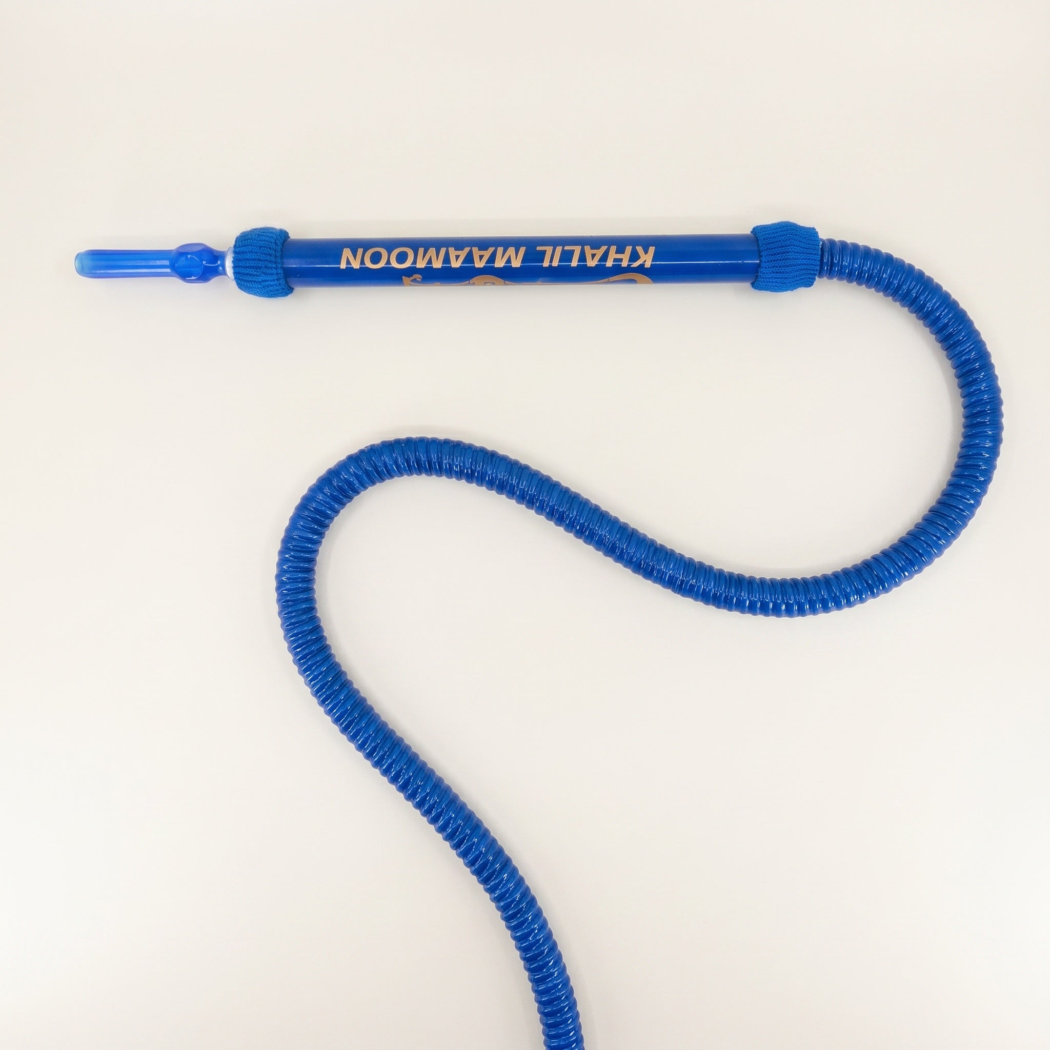 Khalil Mamoon Blue Shisha Hose with gold cartouche handle, woven cuff, and acrylic mouthpiece