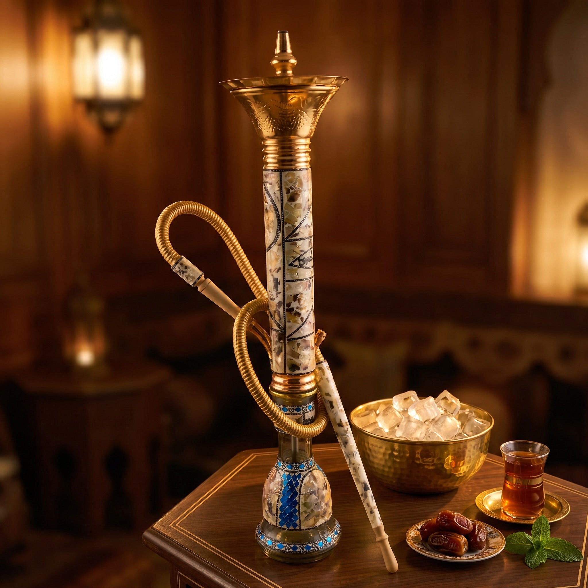 Khalil Mamoon Ice Dana Sadaf shisha pipe on majlis table with brass ice bowl, Arabic tea glass, dates and mint