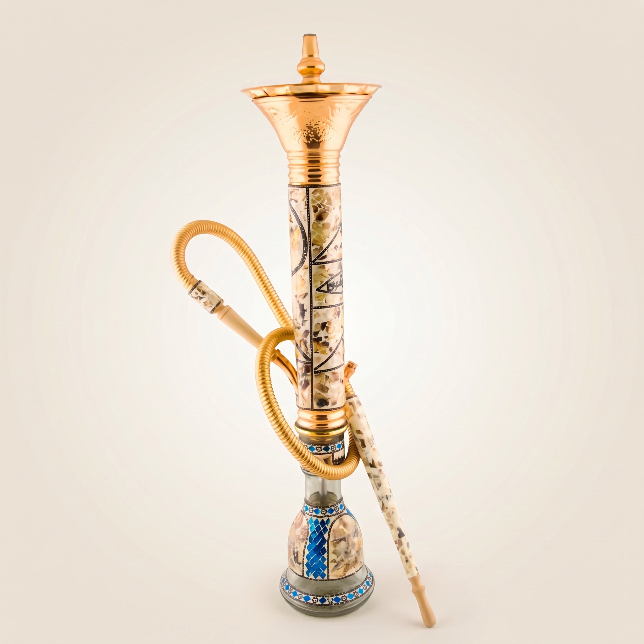 Khalil Mamoon Ice Dana Sadaf 90cm Egyptian shisha pipe with mother-of-pearl inlay, ice bucket and gold kit on studio backdrop