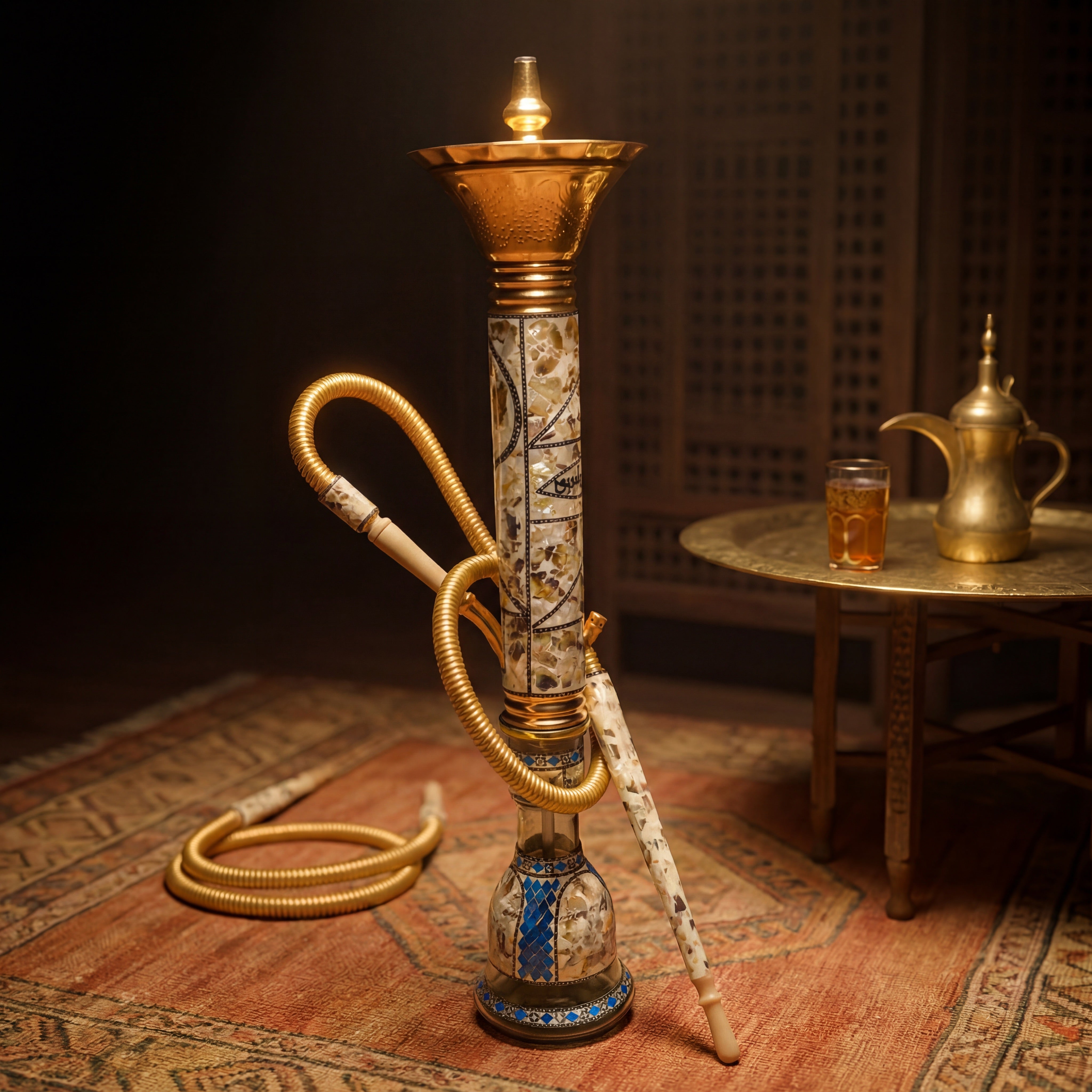 Khalil Mamoon Ice Dana Sadaf Egyptian shisha pipe on kilim rug in warm majlis lantern light at night