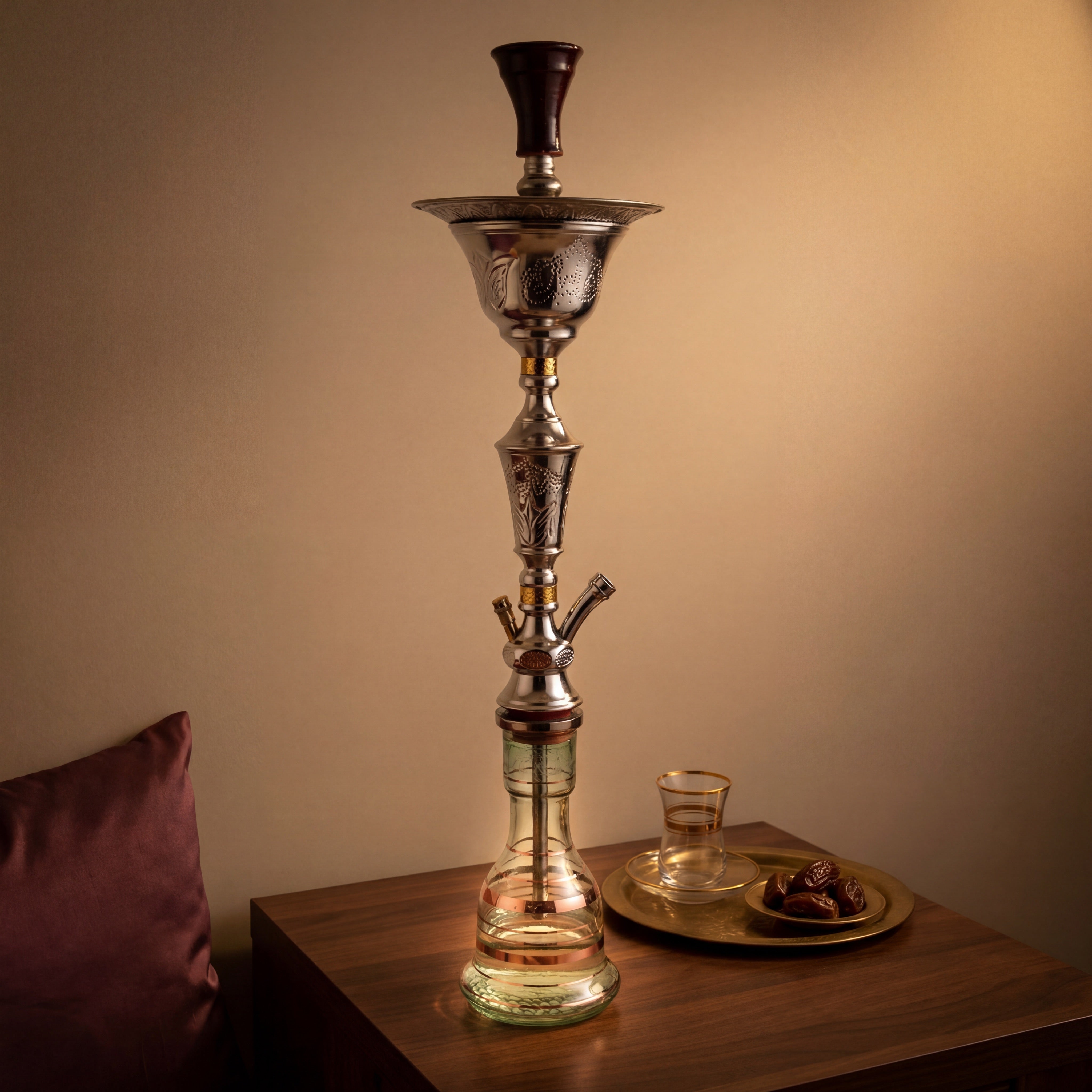 Khalil Mamoon Ice Lotus 1511 polished silver hookah on walnut table in warm majlis evening corner