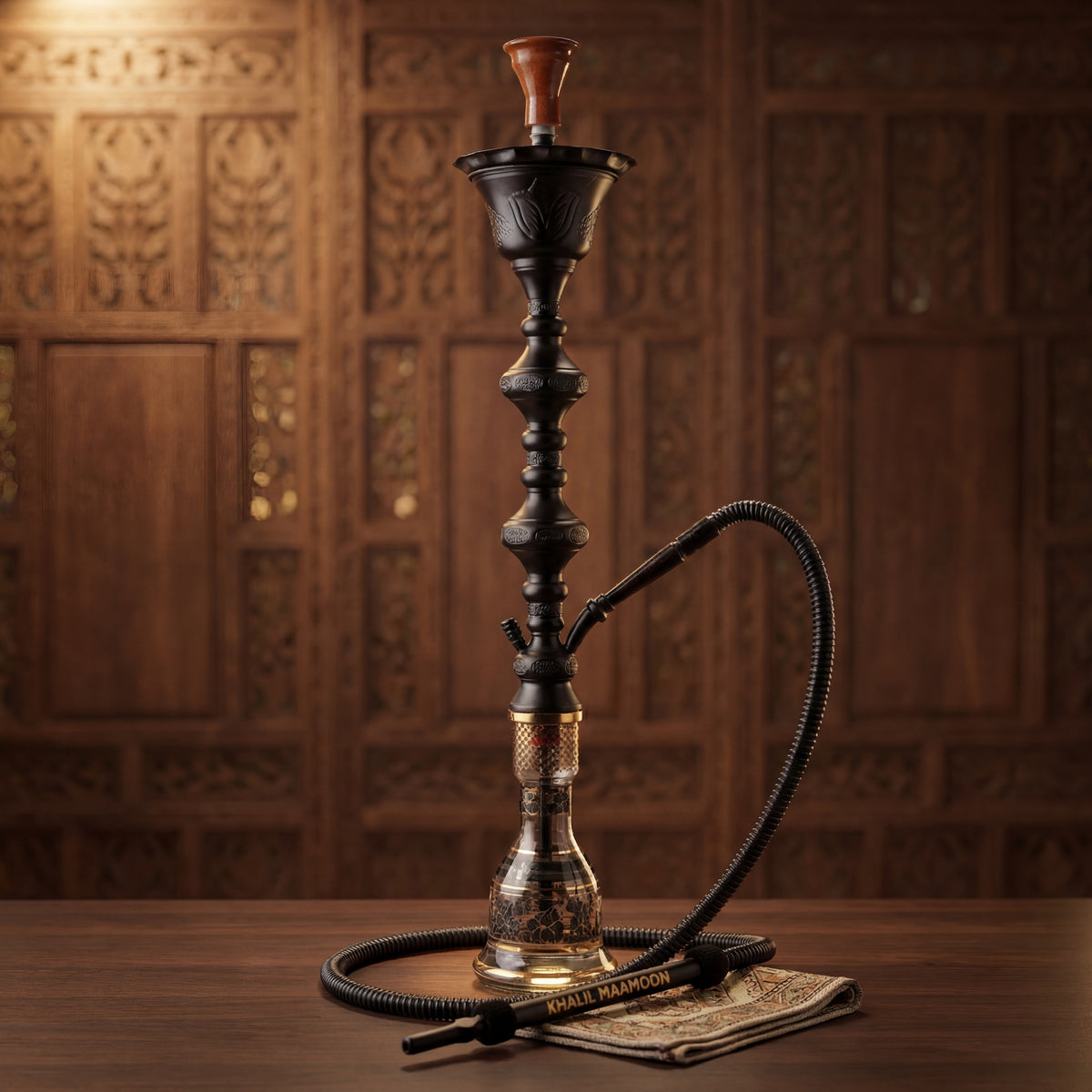 Khalil Mamoon Ice Shareef Black 90cm hookah with attached hose and KHALIL MAAMOON wand mouthpiece on dark walnut, image 5 of 16