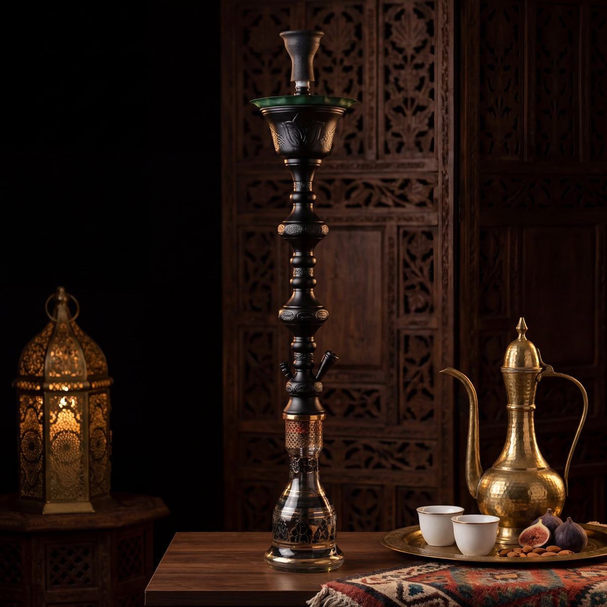 Khalil Mamoon Ice Shareef Black 90cm hookah in evening majlis setting with brass dallah and finjan cups, image 3 of 16