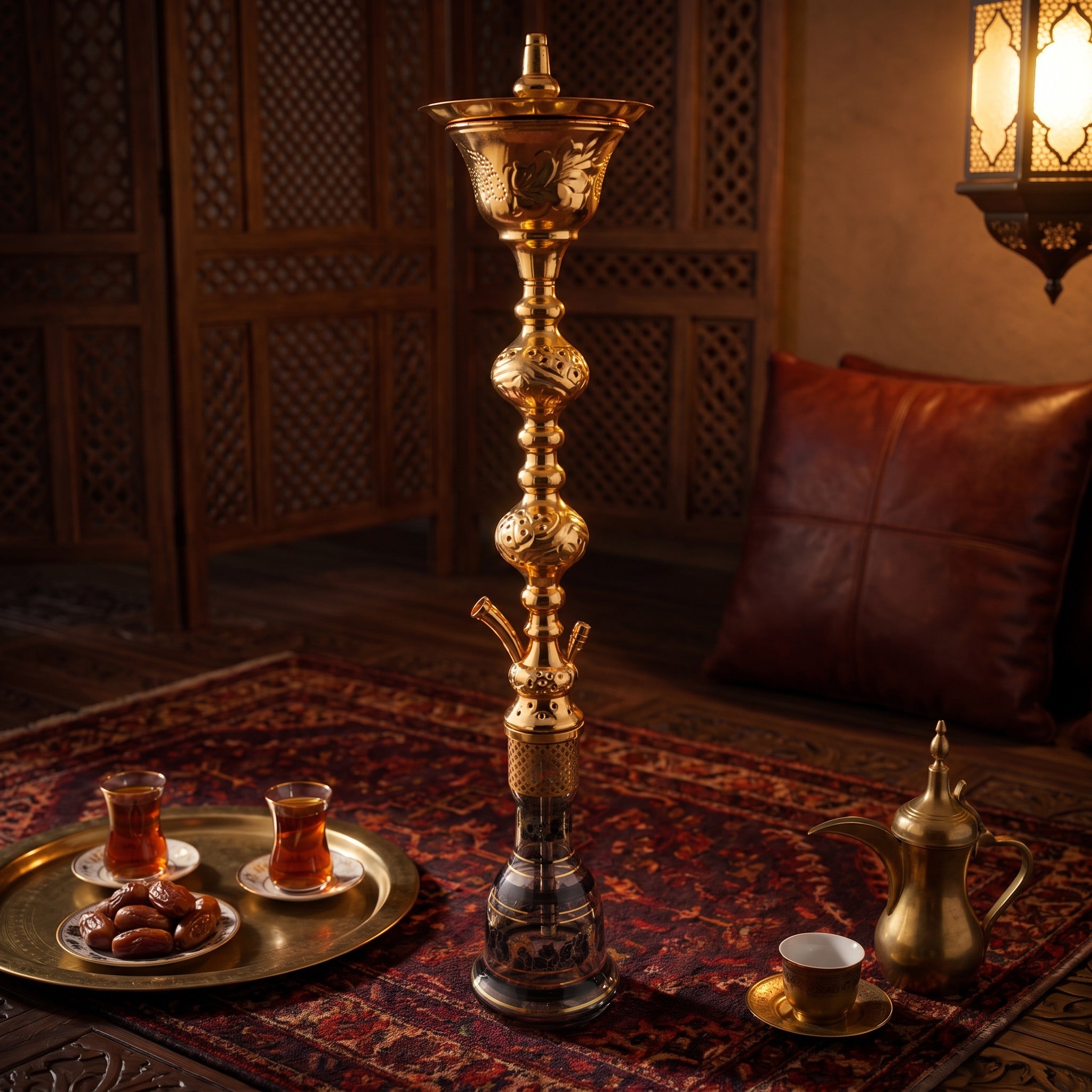 Khalil Mamoon Ice Sharqawi 2 100cm shisha pipe beside Arabic tea and dates showing commanding scale