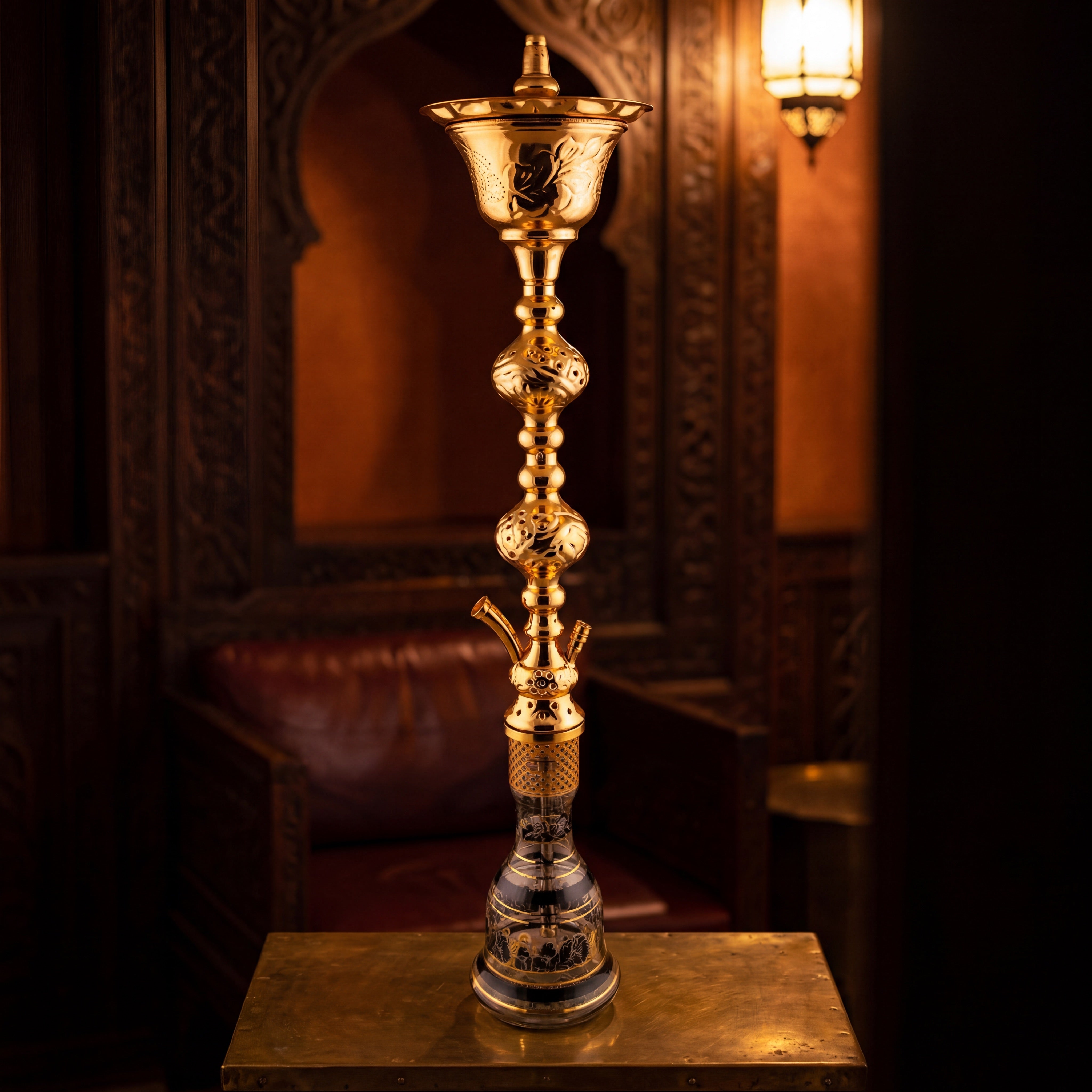 Khalil Mamoon Ice Sharqawi 2 gold shisha pipe in warm lantern-lit majlis lounge, The Premium Way