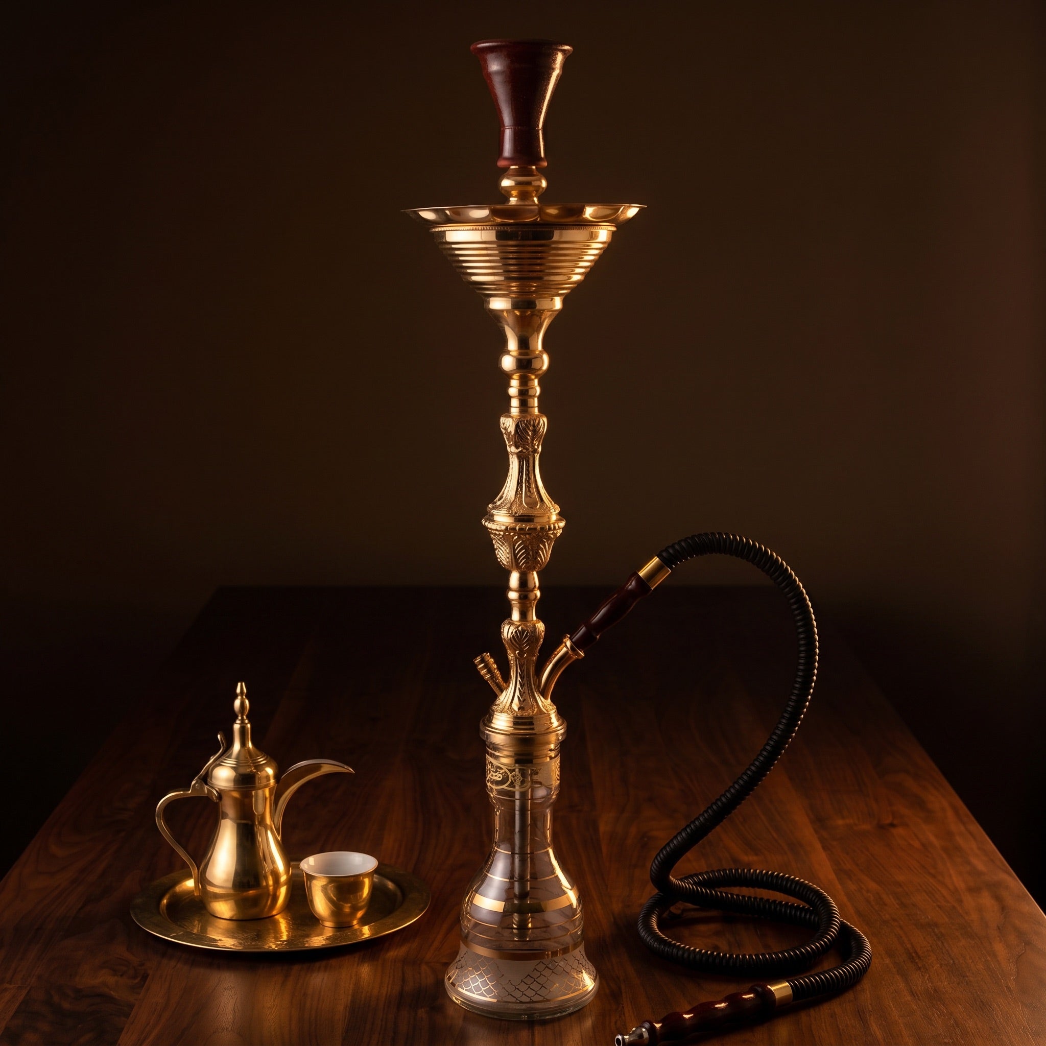 Khalil Mamoon Ice Turkey 2-Level Gold shisha pipe styled with brass dallah and finjan on dark walnut, ceremonial majlis setting