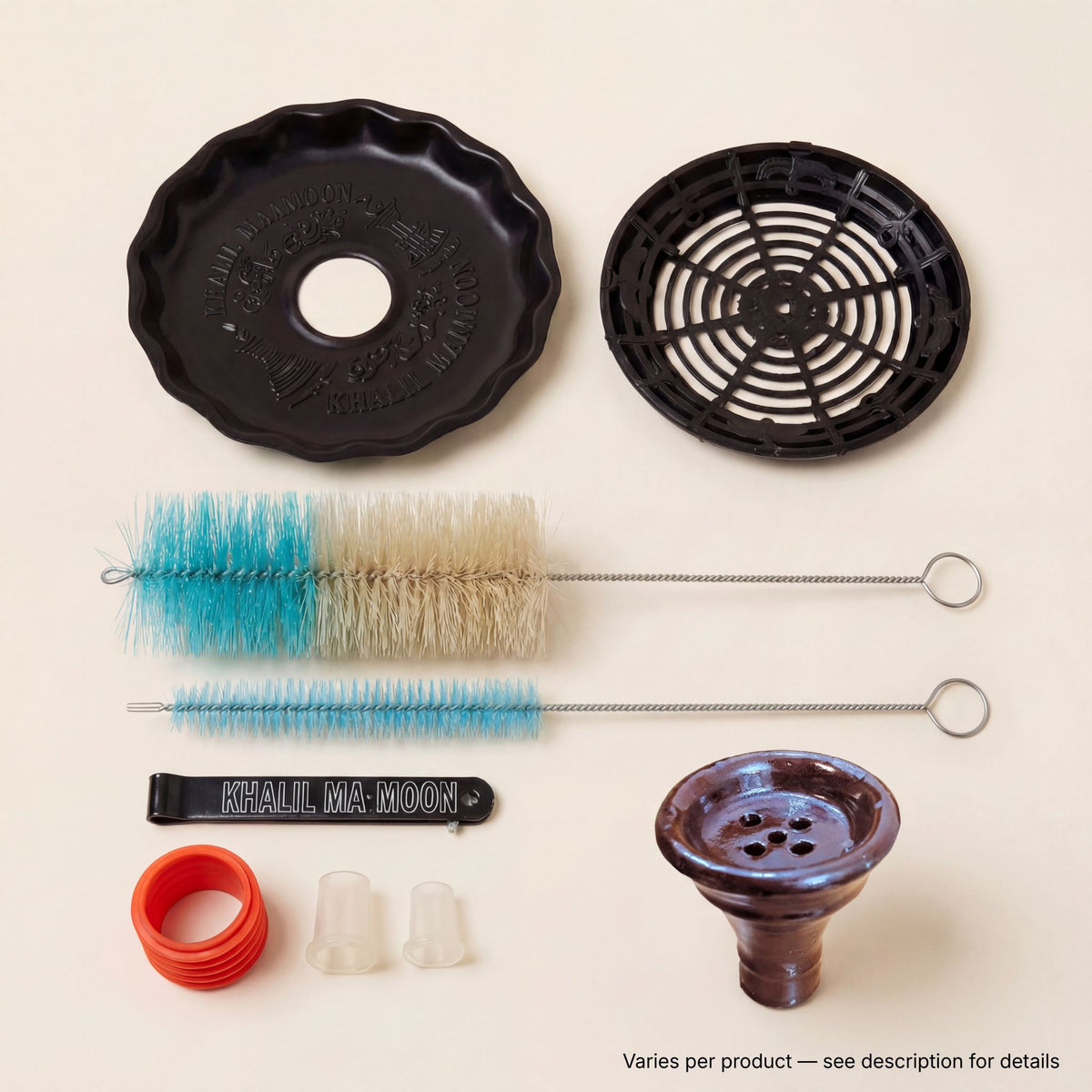 Khalil Mamoon included accessories — cleaning brushes, fluted base mat, spider diffuser, branded tongs and hose grommets, image 2 of 24