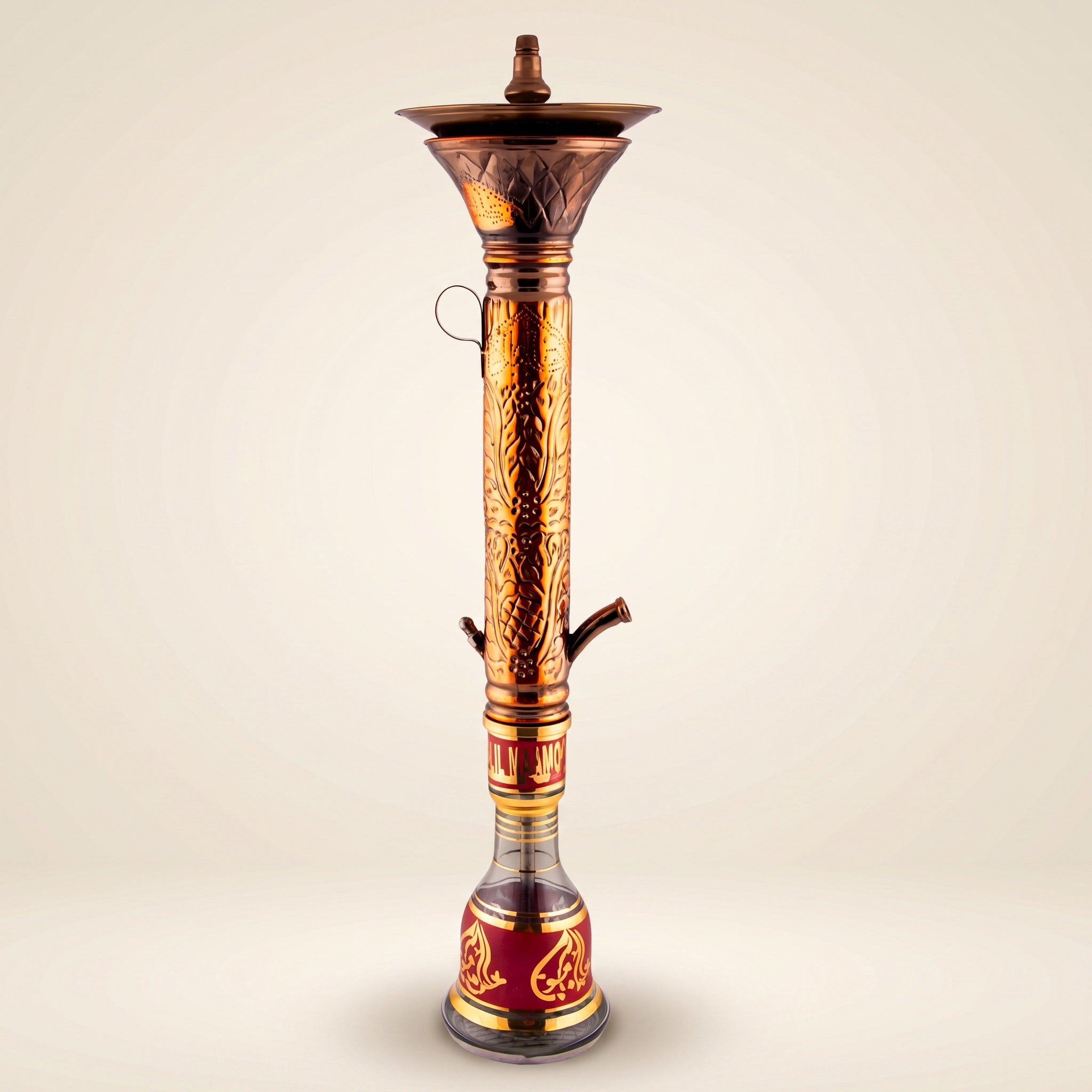 Khalil Mamoon Obsidian Mismatch 7621 shisha pipe with engraved copper column and red Arabic glass base on cream studio