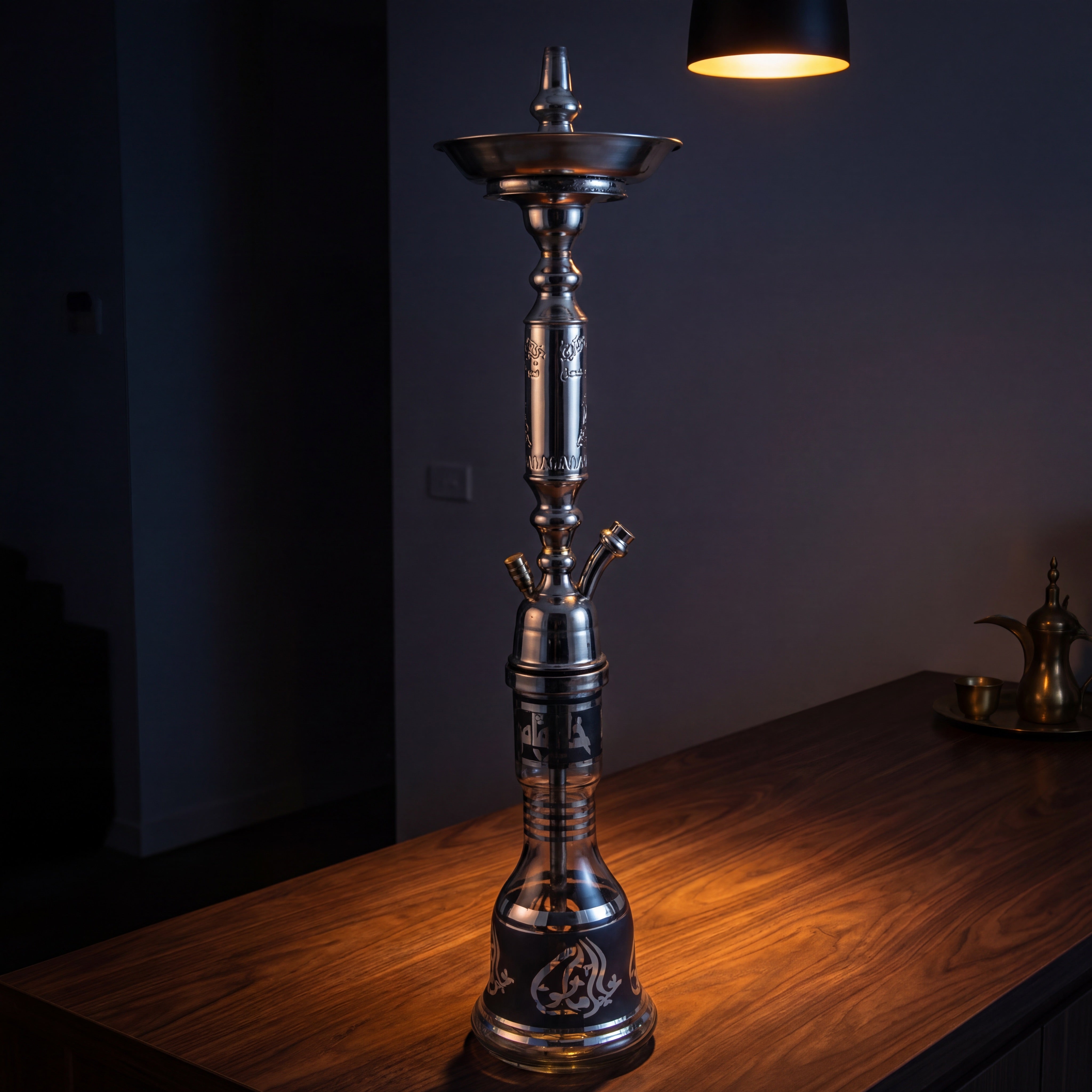 Khalil Mamoon Omda Steel 1141 shisha pipe on walnut sideboard under warm pendant light, premium home session setting
