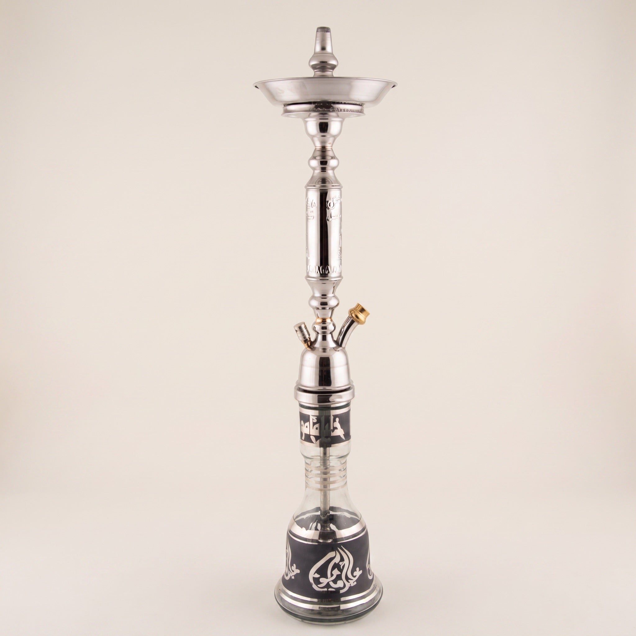 Khalil Mamoon Omda Steel 1141 polished stainless steel shisha pipe with Arabic calligraphy glass base, studio front view