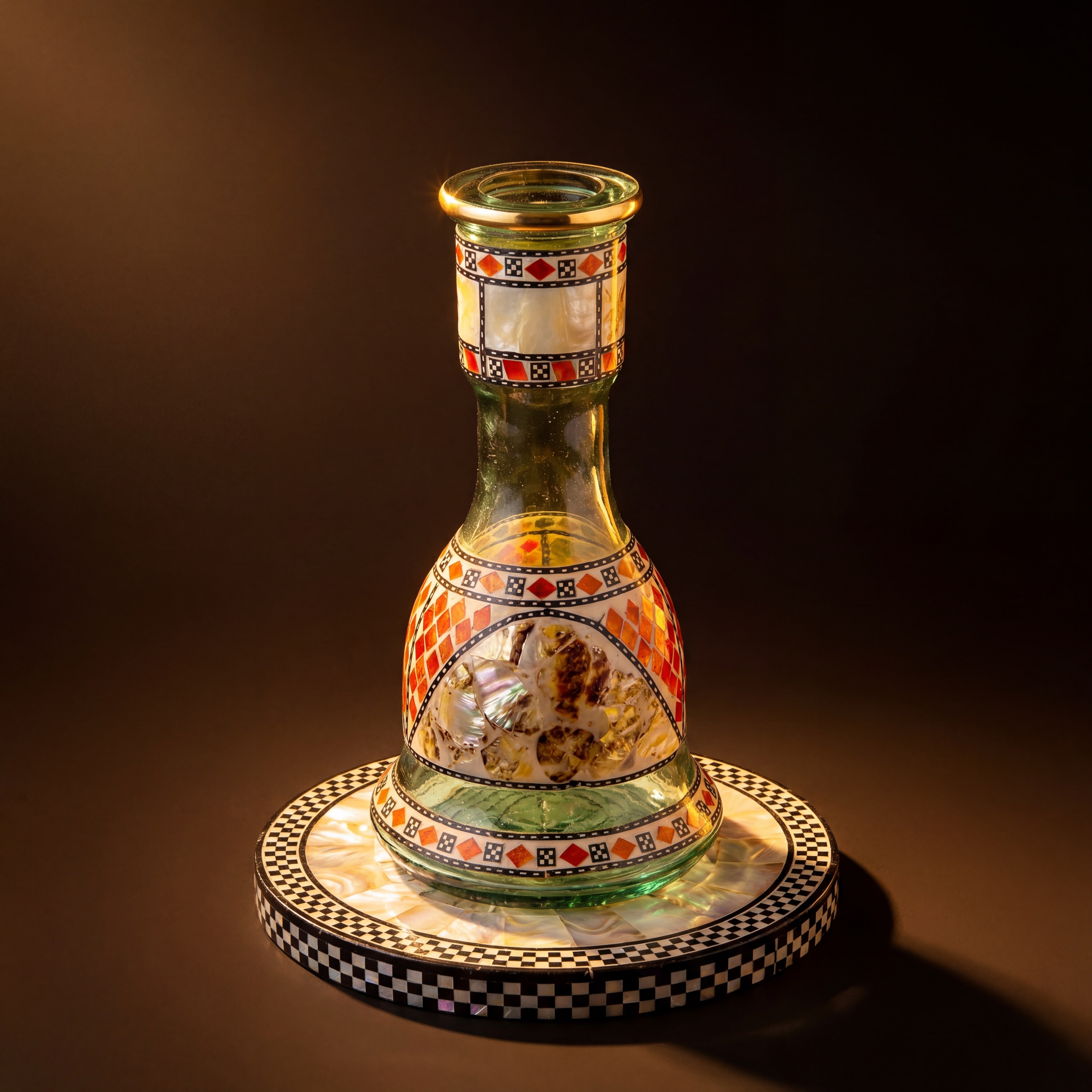 Khalil Mamoon Sadaf hookah base on mother-of-pearl and chequer plinth in warm dark studio, The Premium Way
