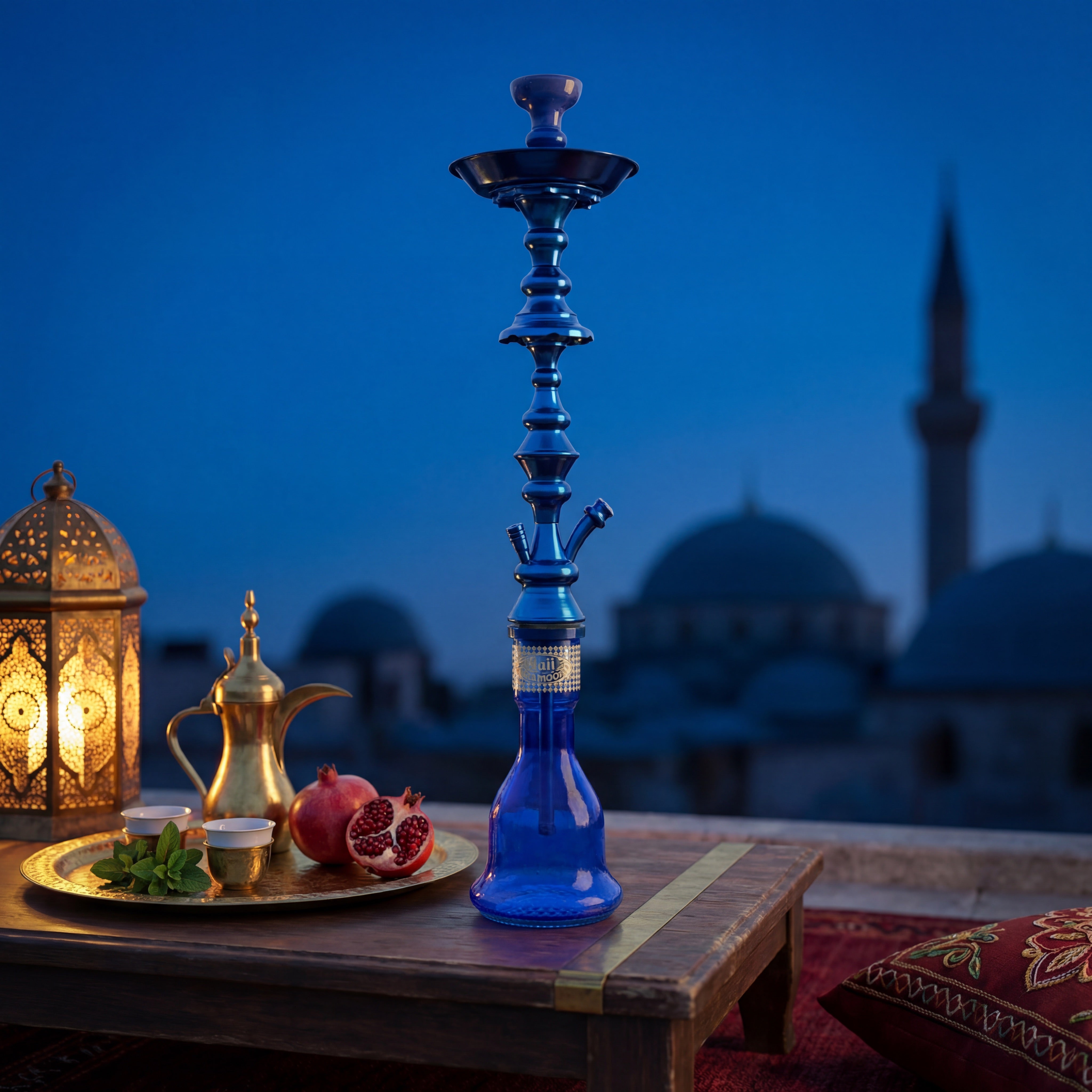 Khalil Mamoon Shareef Blue 79cm hookah at blue hour, rooftop majlis with brass dallah and pomegranates