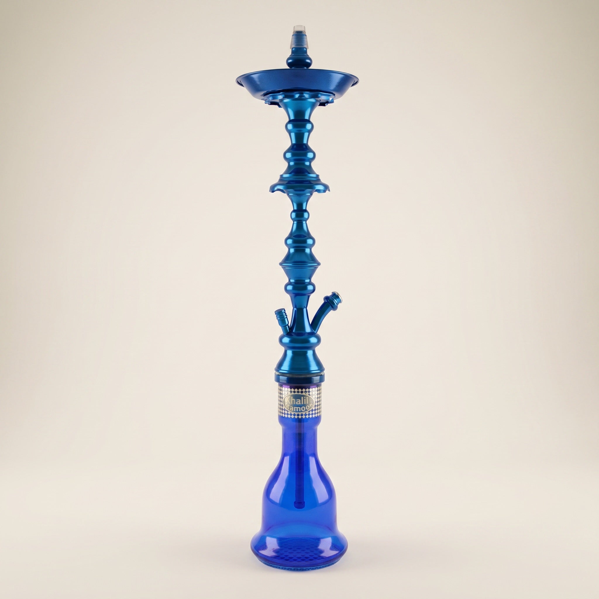 Khalil Mamoon Shareef Blue 79cm Egyptian hookah, gloss blue aluminium stem with cobalt glass base