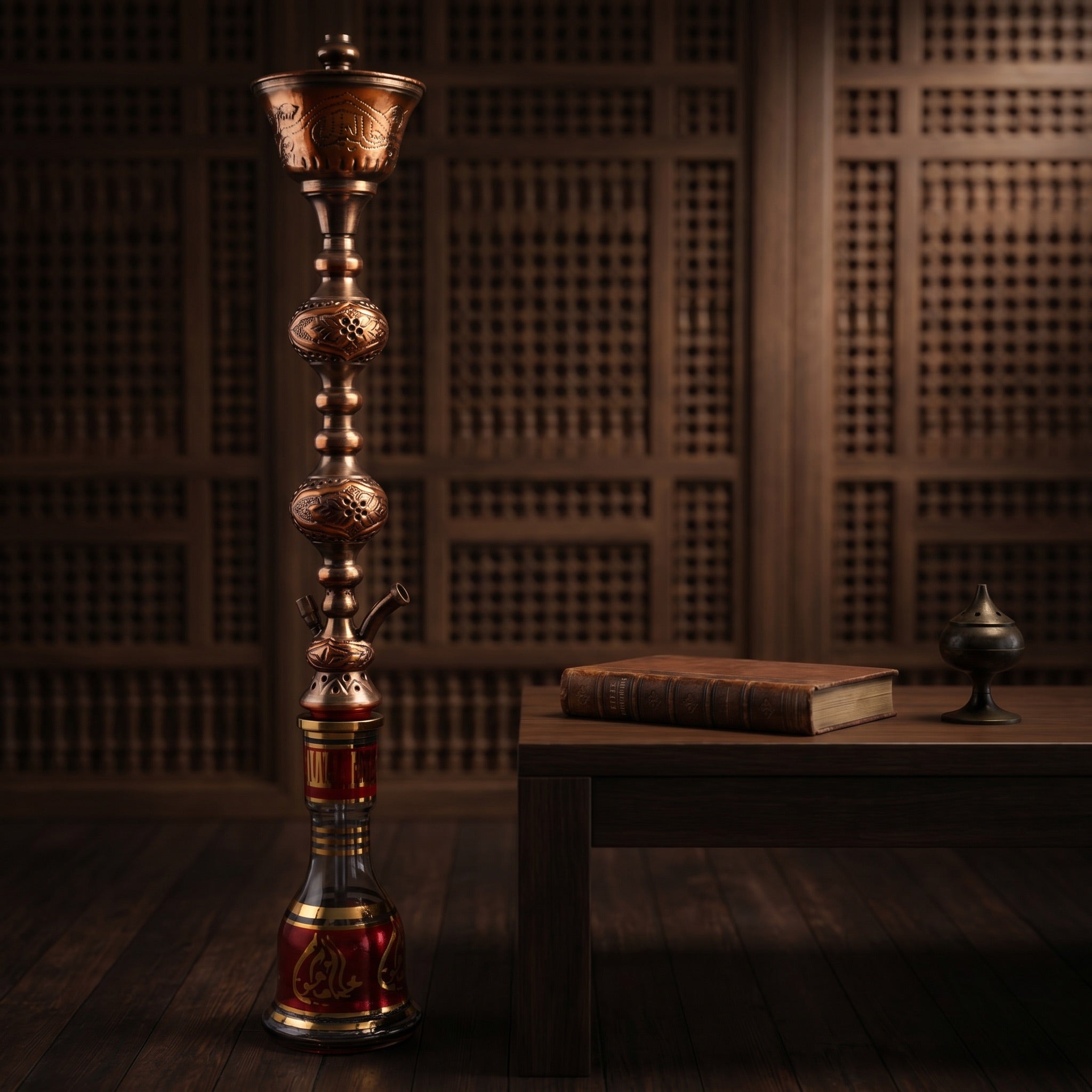 Khalil Mamoon Sharqawi 2 Copper hookah in collector's study beside leather book and brass oud holder