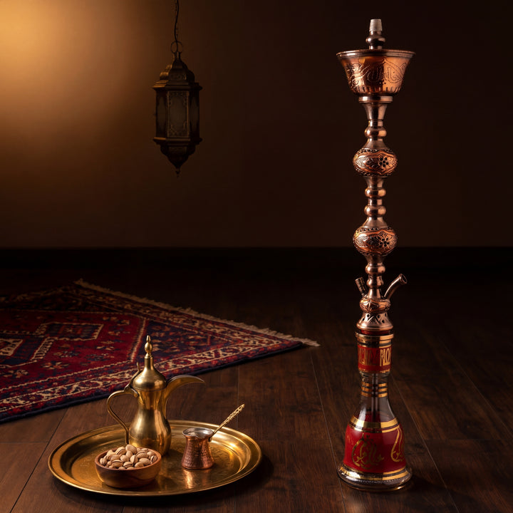 Khalil Mamoon Sharqawi 2 Copper hookah floor-standing in evening majlis with brass dallah and pistachios
